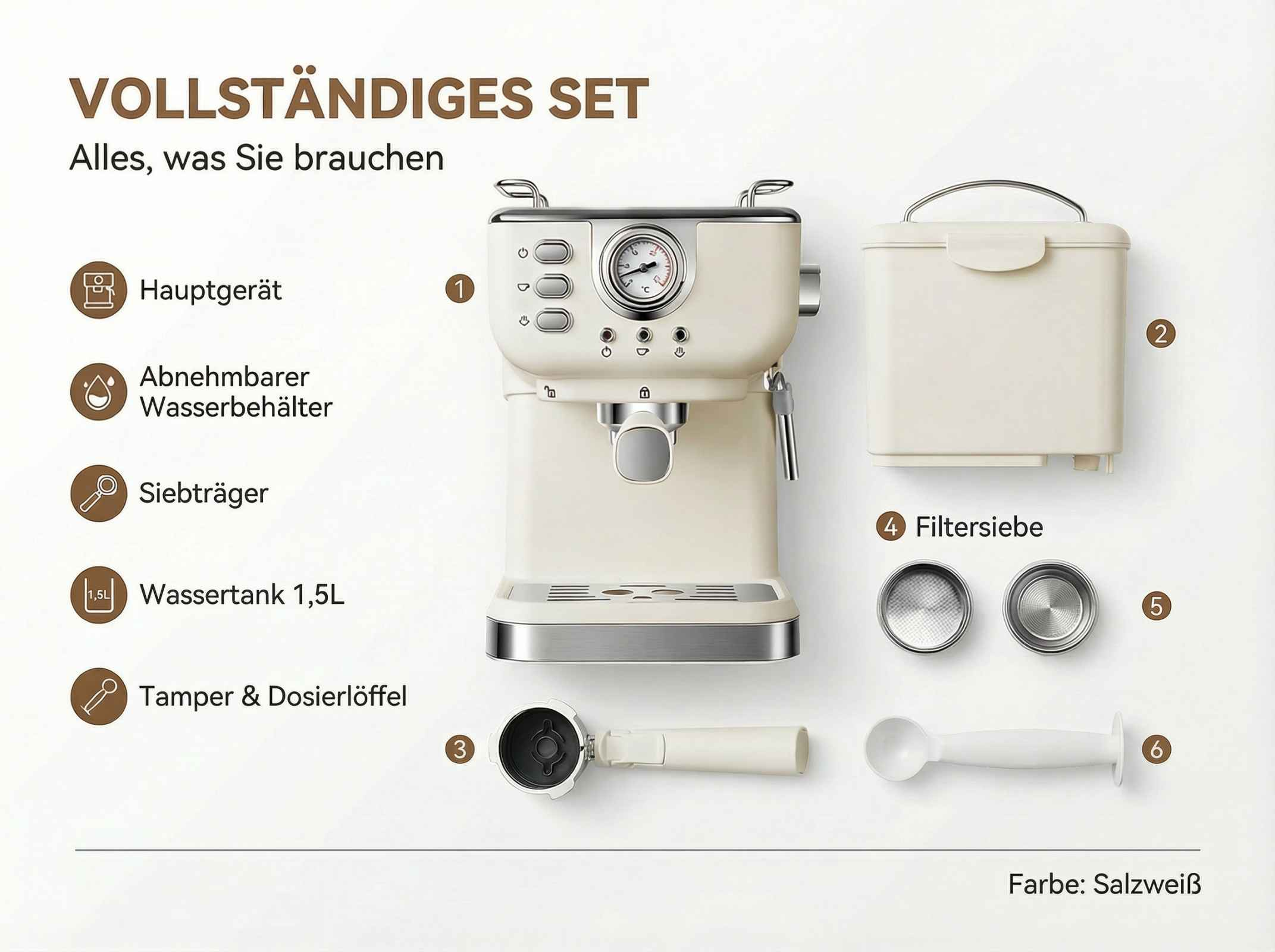 Vollständiges Set für eine Kaffeemaschine in Salzweiß mit Zubehör.