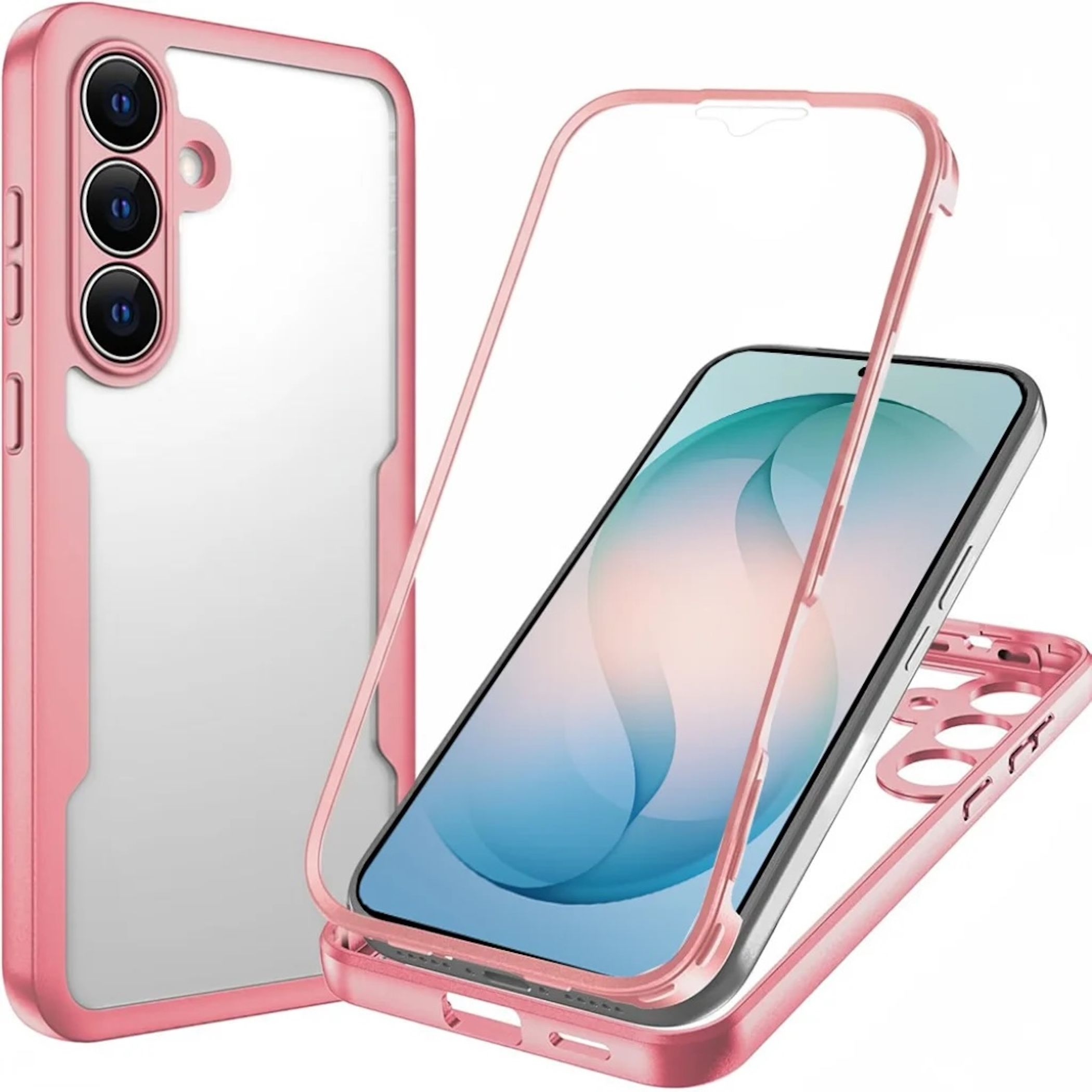 Eine zerlegte pinkfarbene Handyhülle, mit einer transparenten Rückseite und einem Frontrahmen, auf weißem Hintergrund.