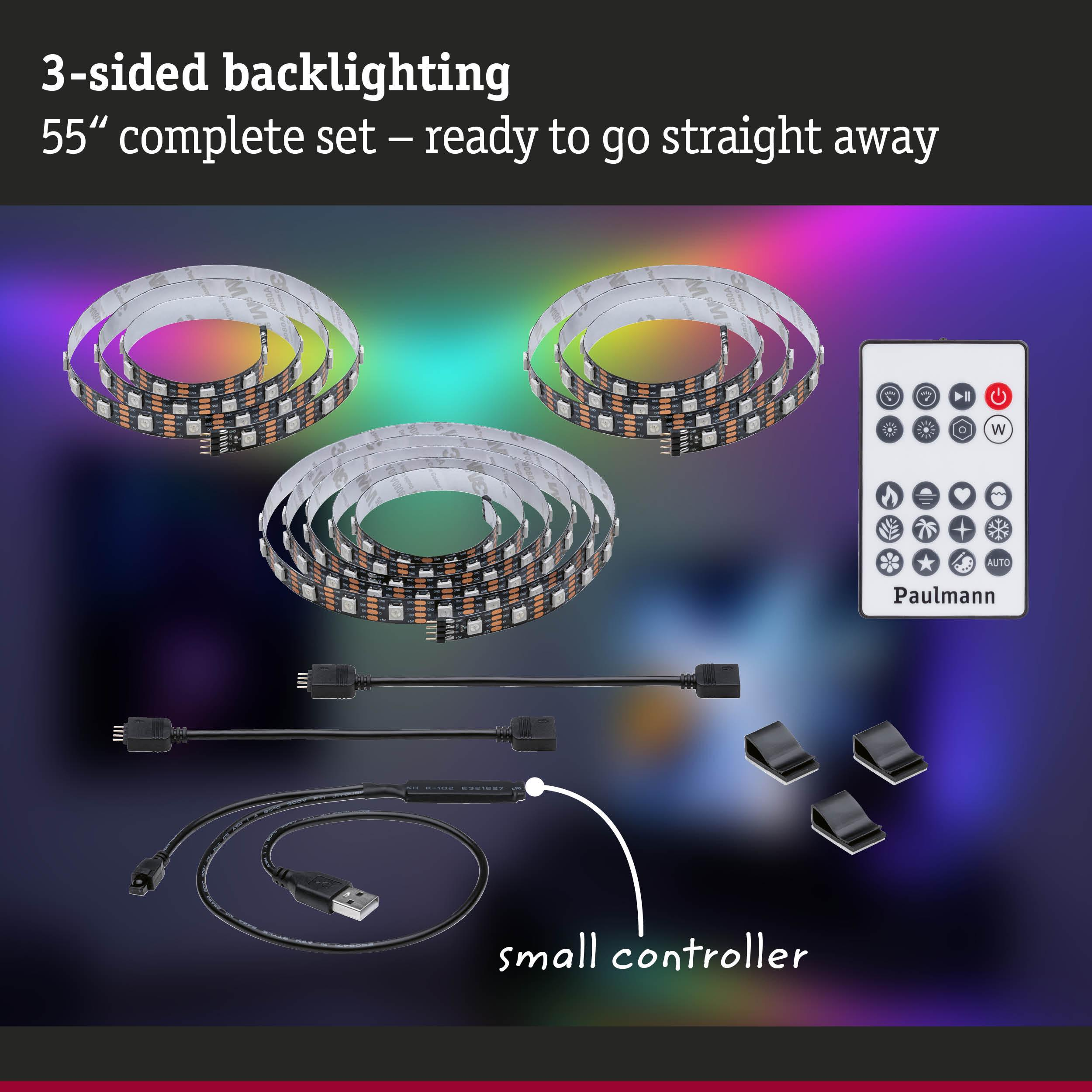 Strisce LED, telecomando, controller e clip su sfondo colorato.