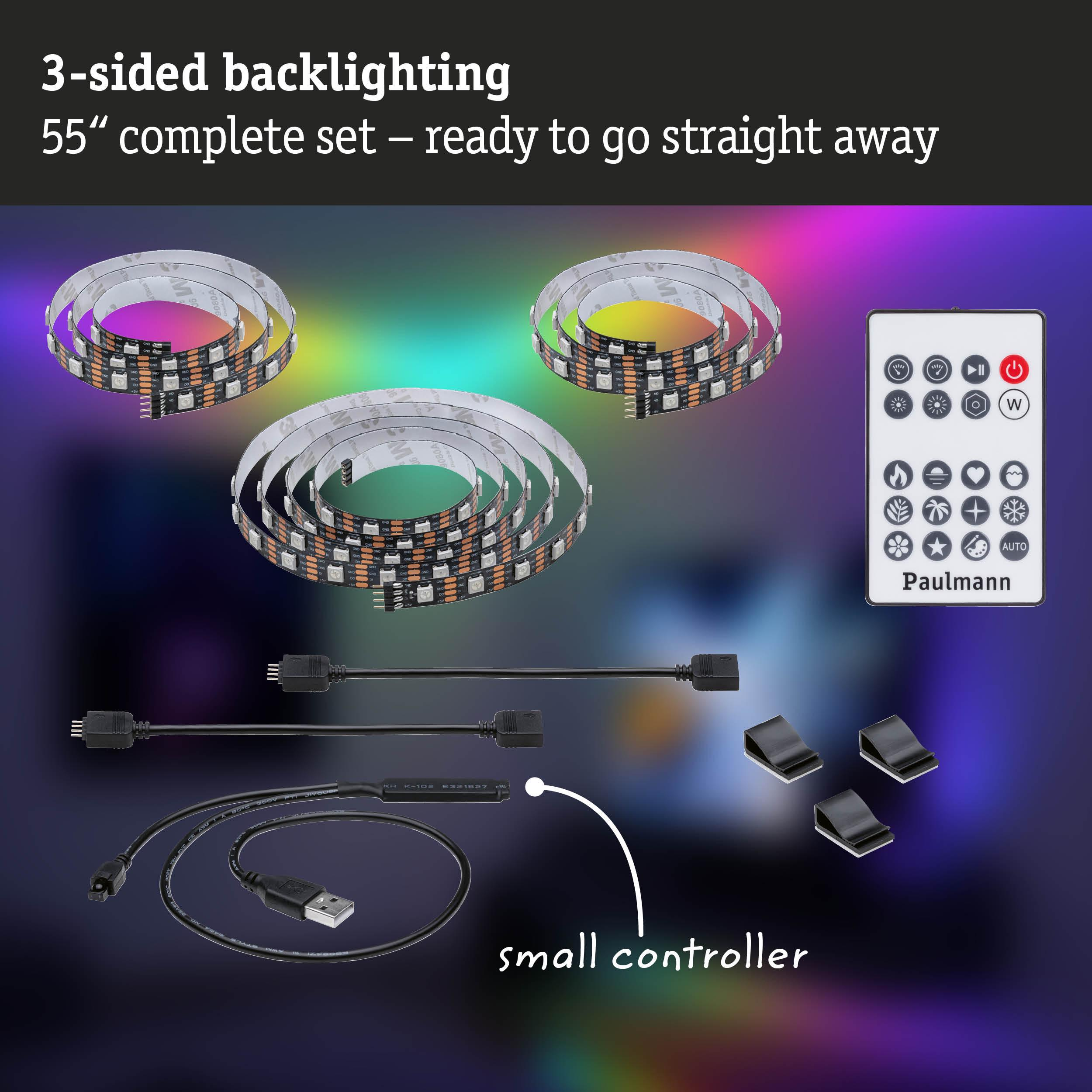 Strisce LED, telecomando, controller e clip su sfondo scuro.