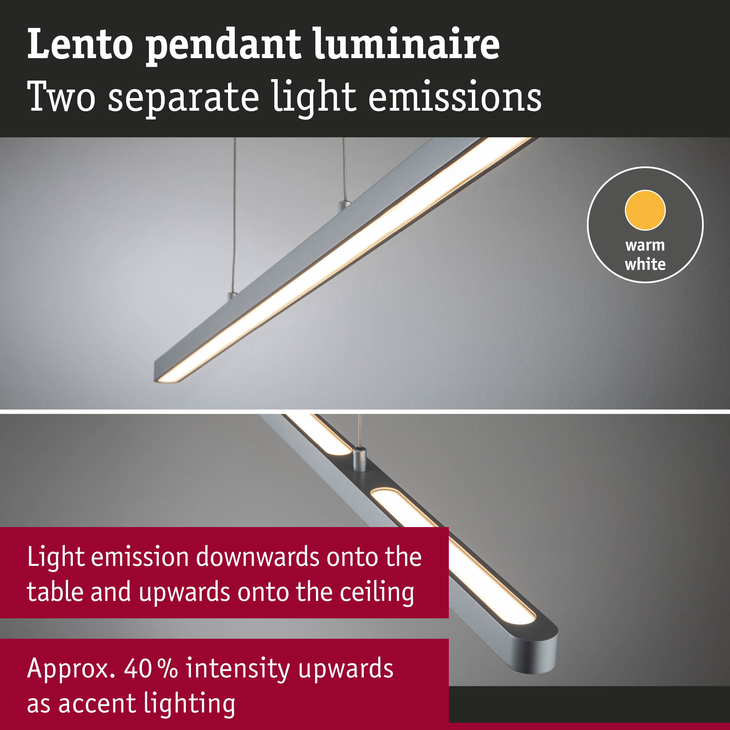 Luminaire suspendu Lento moderne avec deux émissions lumineuses : vers le bas et vers le haut.