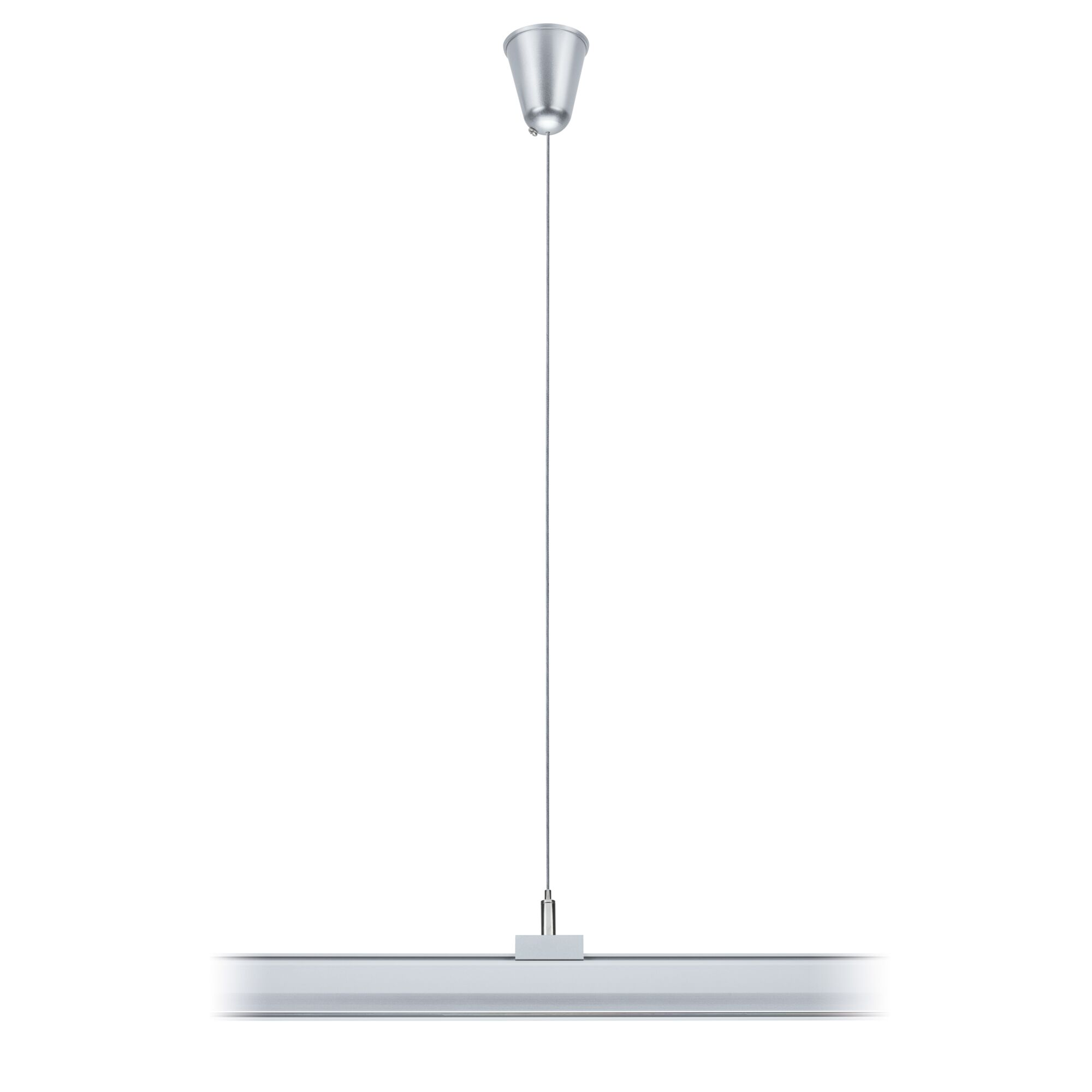 Eine silberne Hängeleuchte mit einem schmalen, rechteckigen Lampenschirm und einem Kabel.