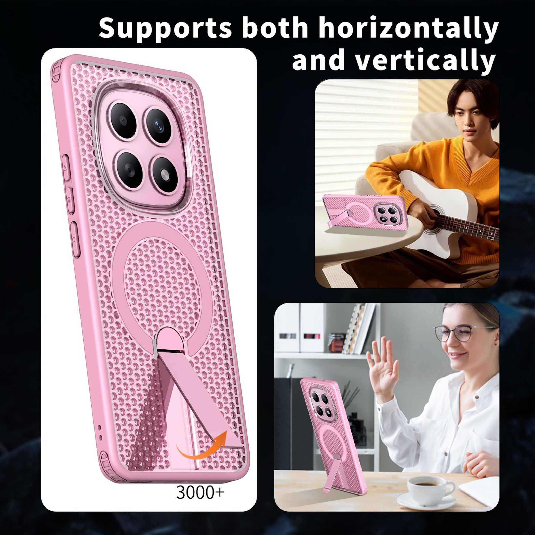 Pink Handyhülle mit Ständer wird horizontal und vertikal gezeigt.