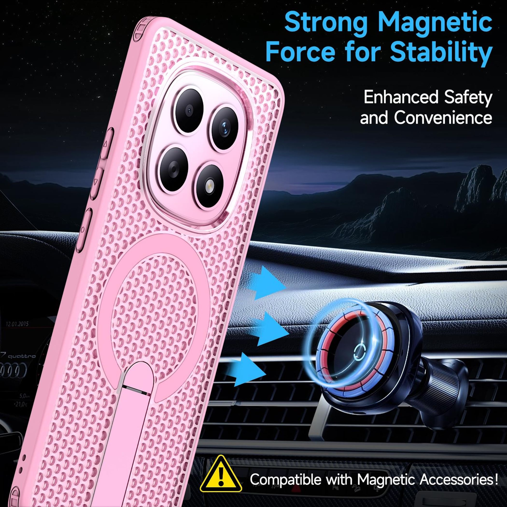 Rosa Handyhülle mit Magnetring auf Auto-Lüftungshalterung. Text: Starke Magnetkraft.