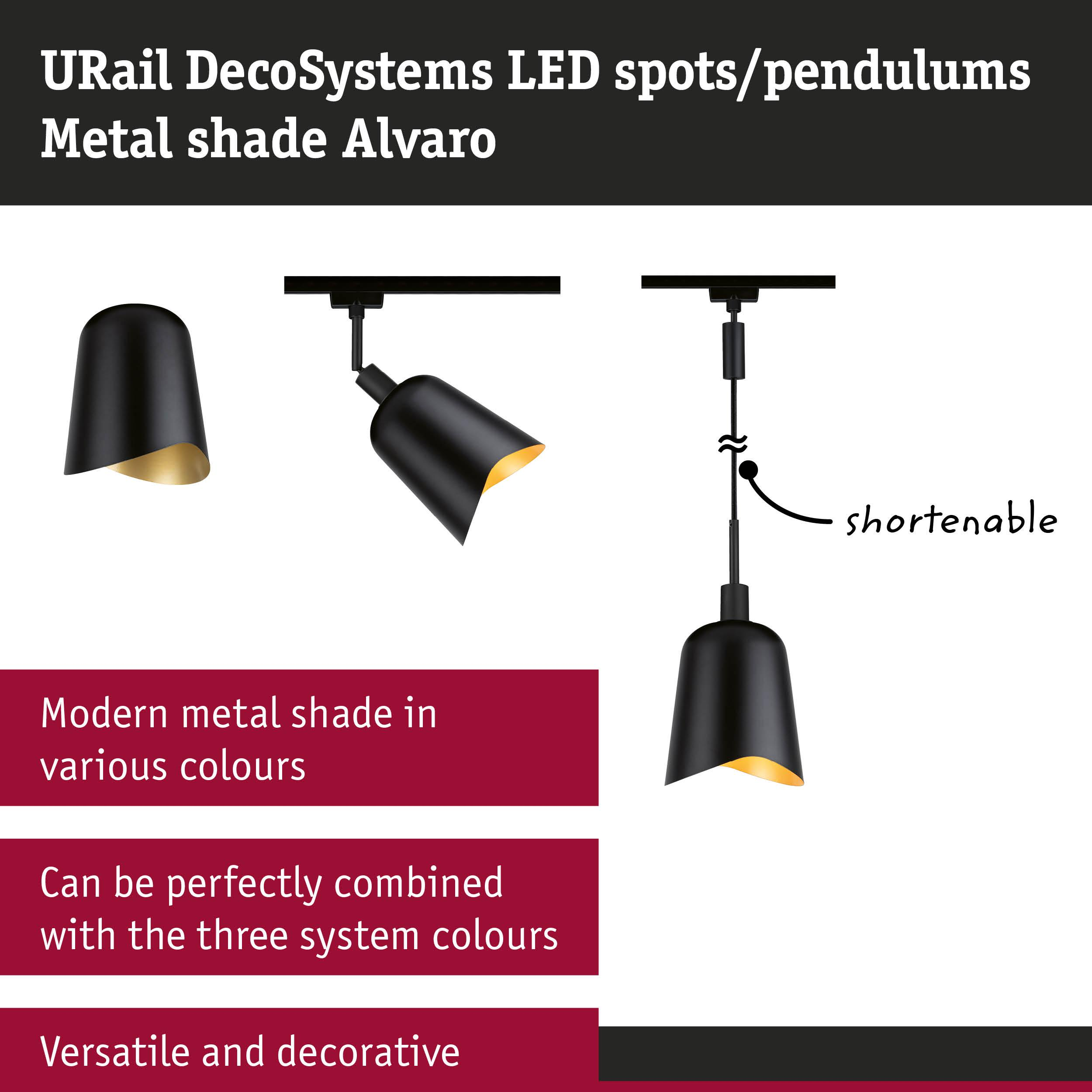 Schwarze Metallschirme für URail-Systeme, ein Hängeleuchter ist kürzbar.