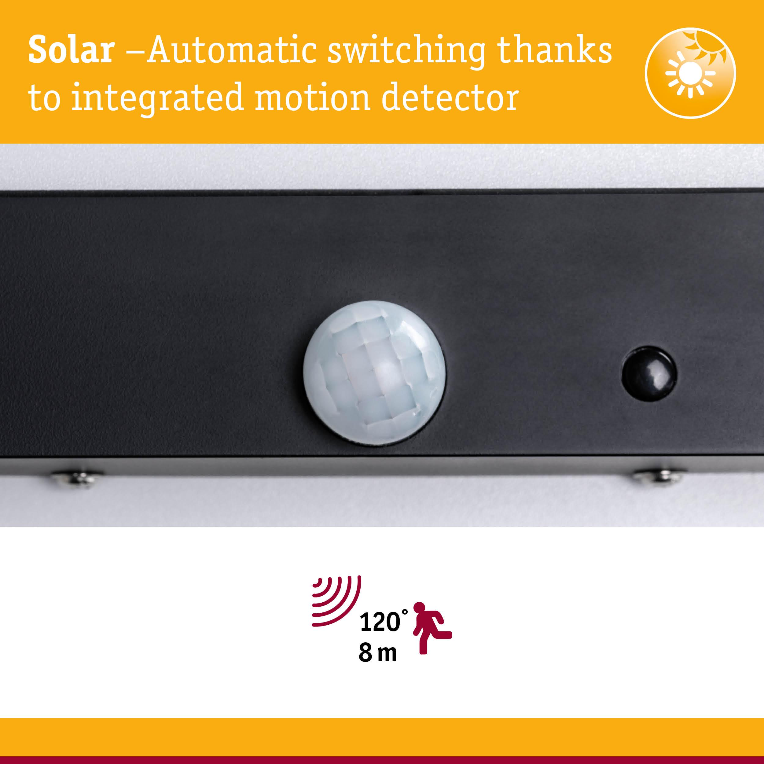 Lampa solarna z czujnikiem ruchu: 120 stopni, zasięg 8m.