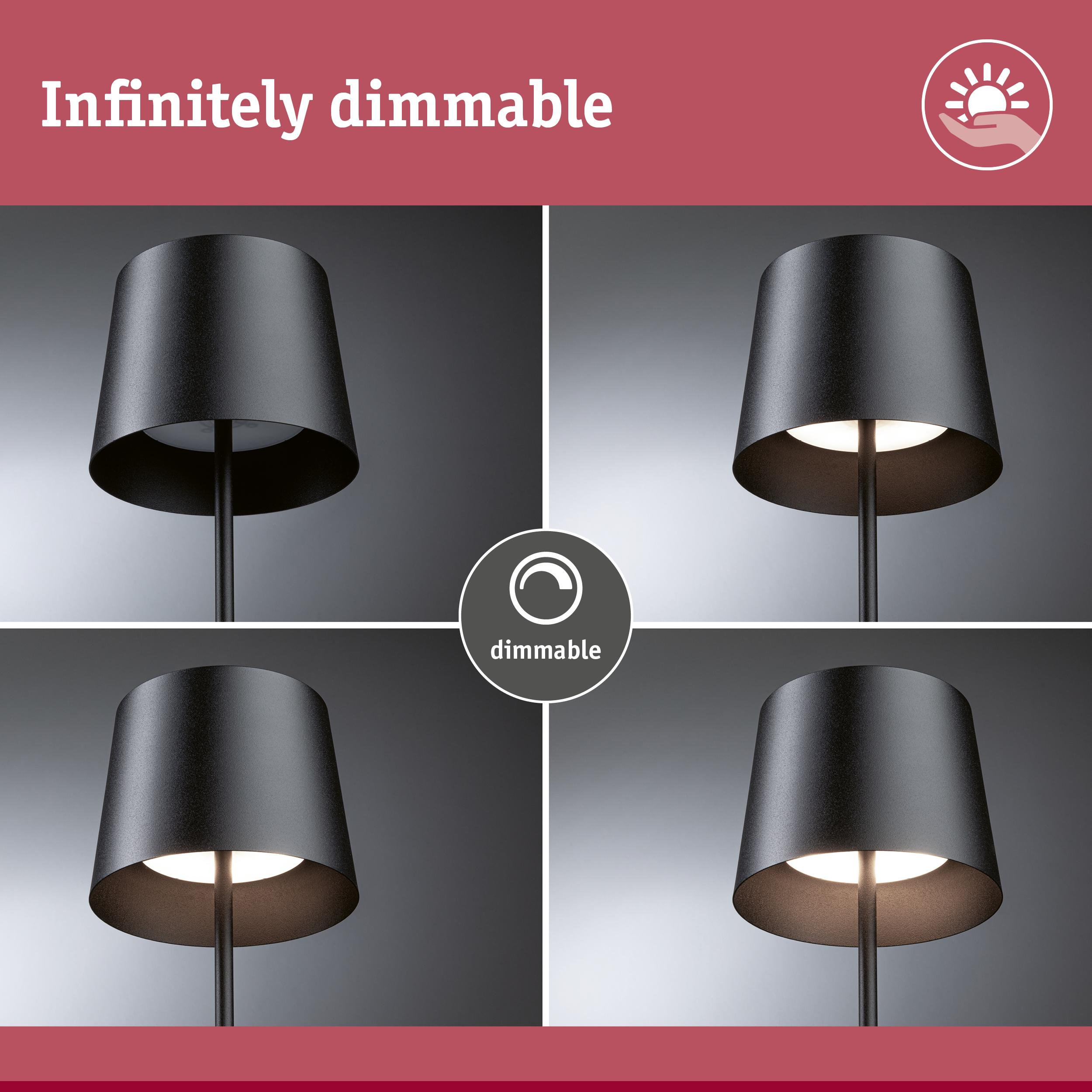 Cztery widoki czarnej lampy z regulowaną jasnością.