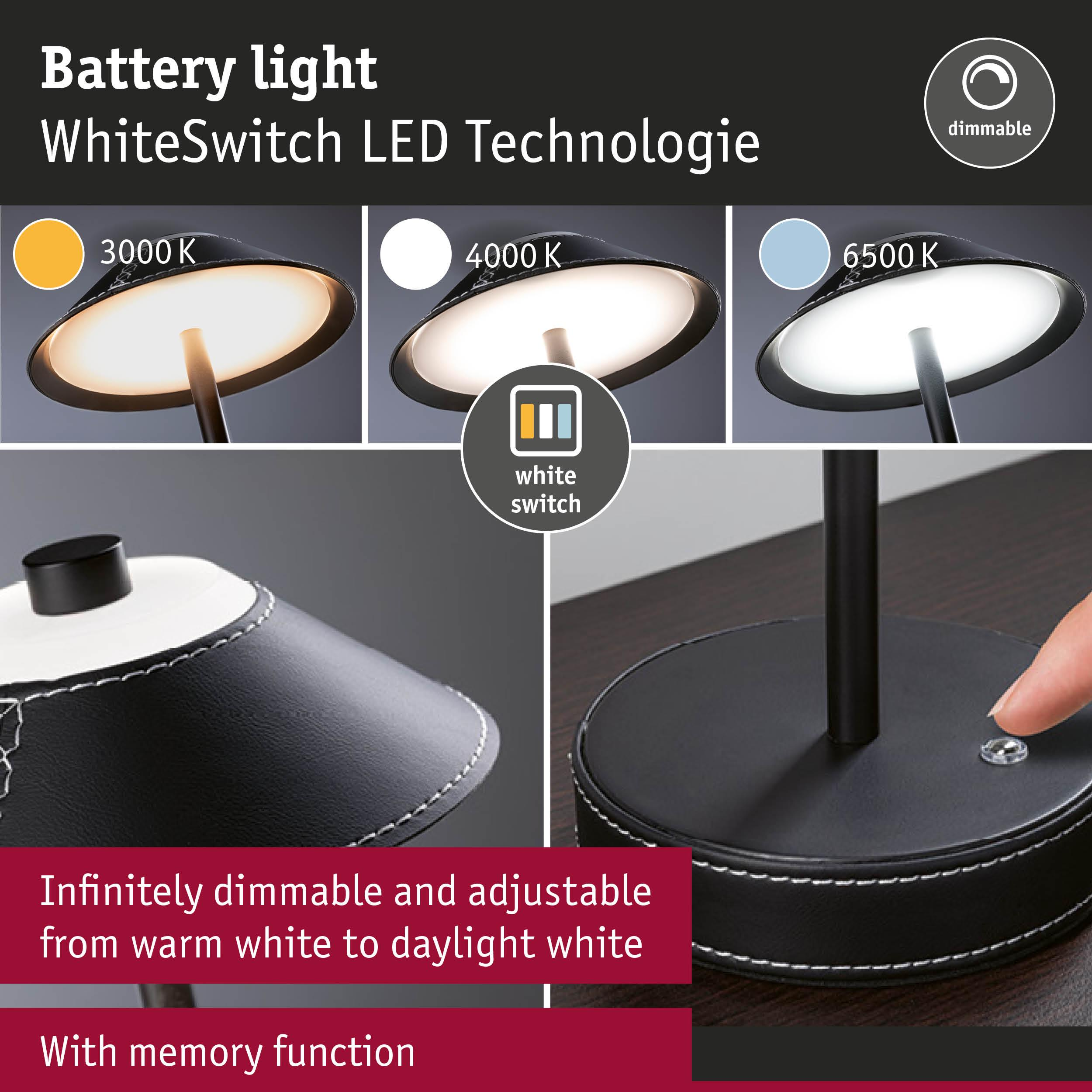 Lampa akumulatorowa z technologią WhiteSwitch, ściemniana, 3000-6500K.