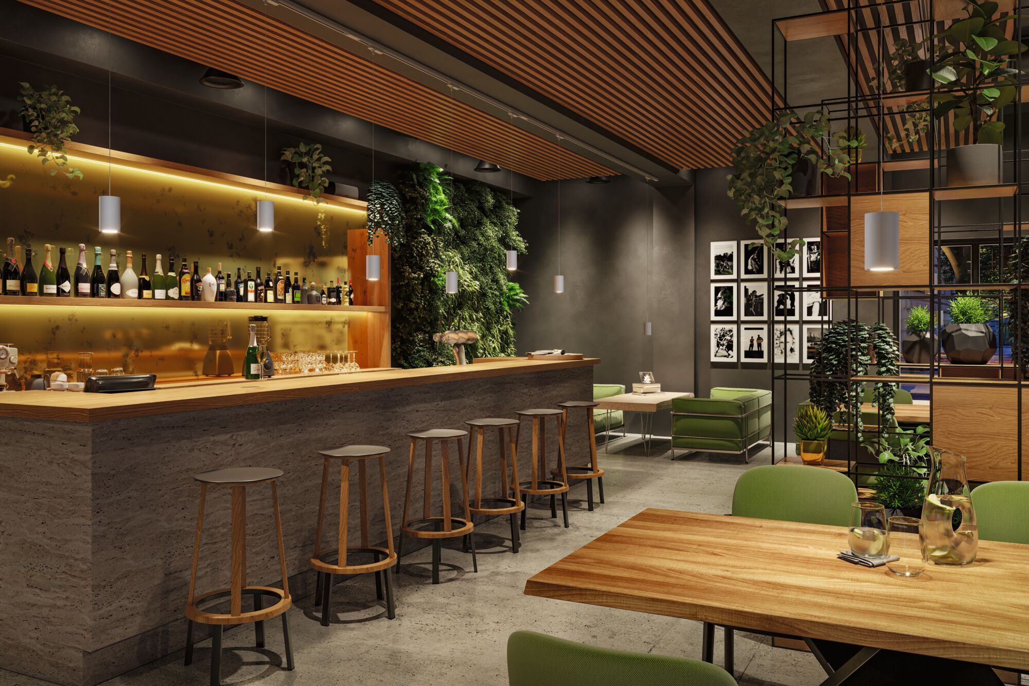 Moderne Bar mit Holzboden, grünen Stühlen und vielen Pflanzen.