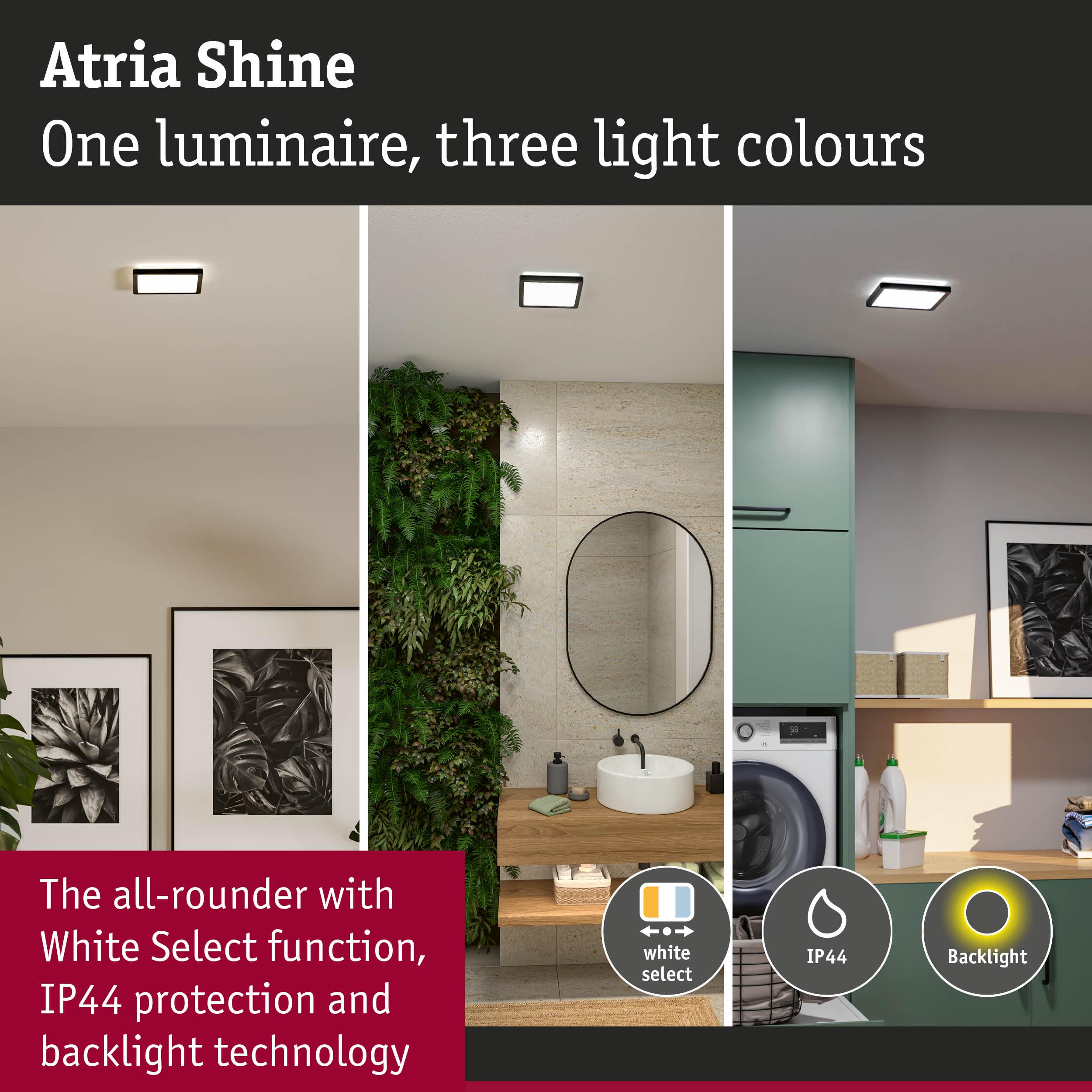 Kolaż pokazujący oprawę Atria Shine w trzech sceneriach: salon, łazienka, pralnia.