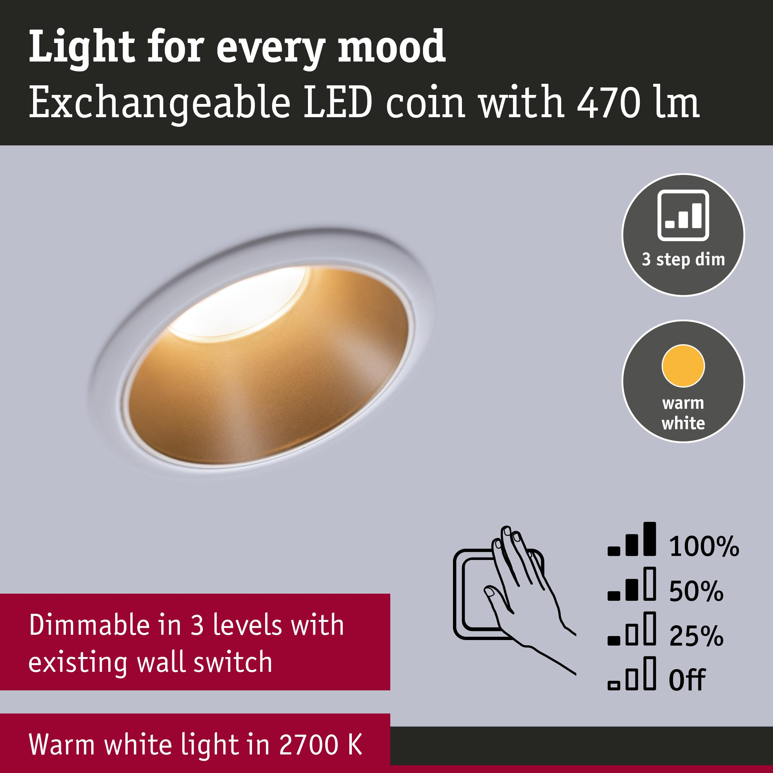 Luce da incasso con luce bianca calda, dimmerabile in 3 step.