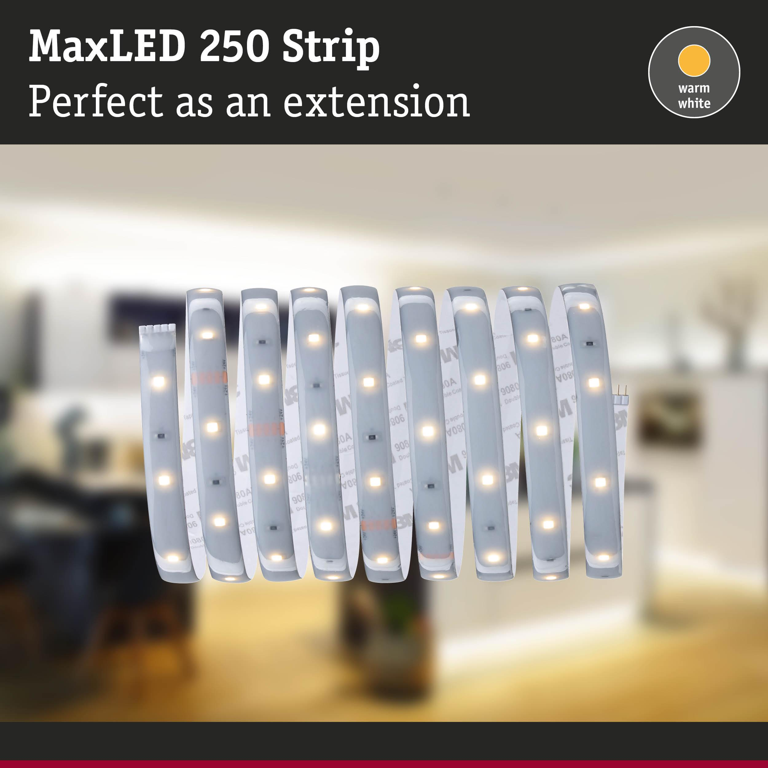 Eine LED-Streifenrolle mit warmweißen Lichtern, auf einem unscharfen Hintergrund.