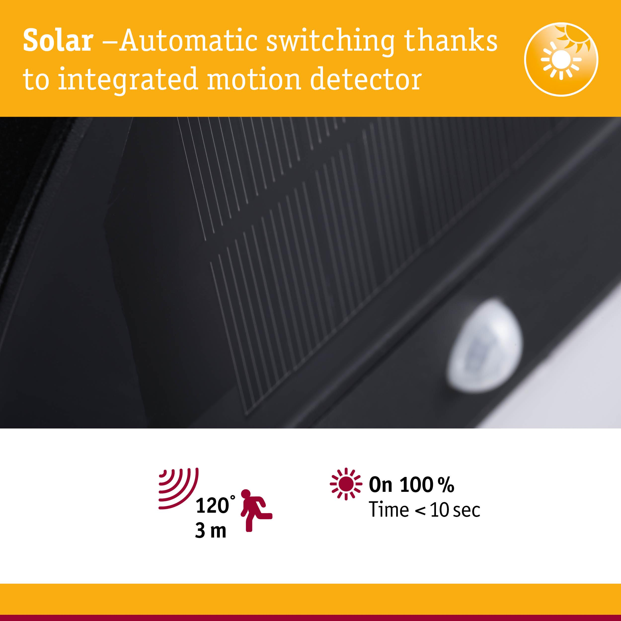 Lampa solarna z czujnikiem ruchu, 120° detekcji, zasięg 3m, jasność 100%.