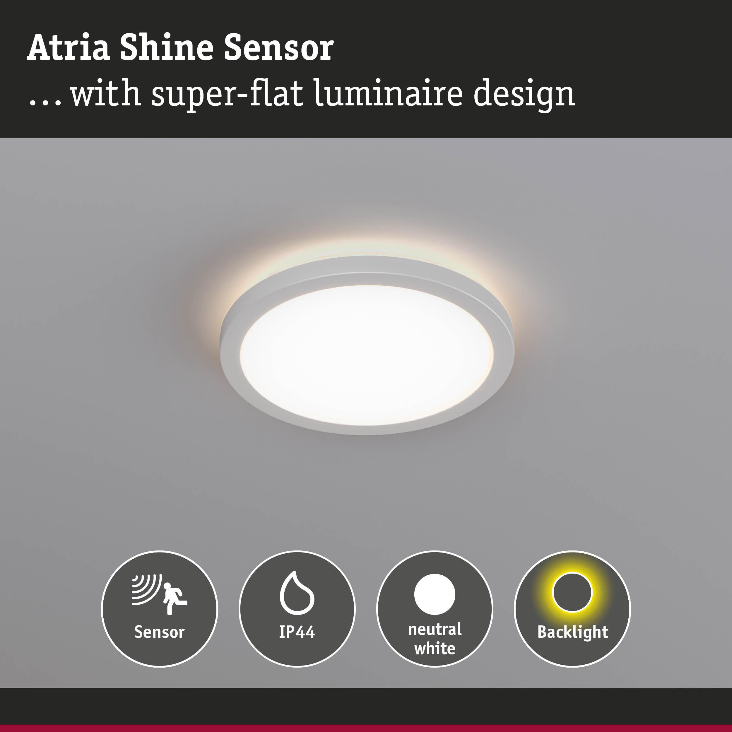 Eine flache, runde Deckenleuchte mit Sensor und neutralweißer Hintergrundbeleuchtung.
