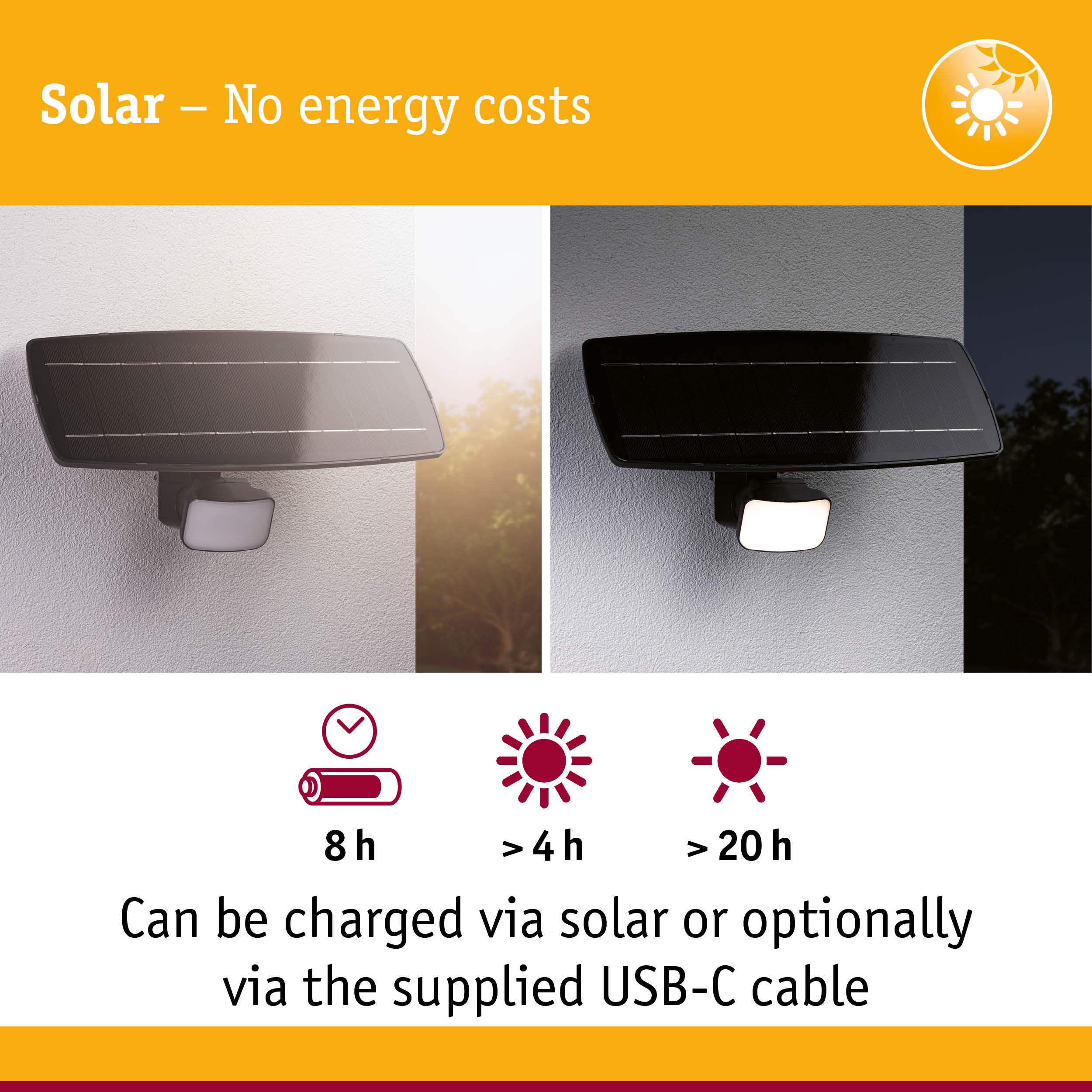 Lampa solarna ze wskaźnikami ładowania: 8h ładowania, <gt/>4h światła, <gt/>20h światła. Ładowanie solarne/USB-C.