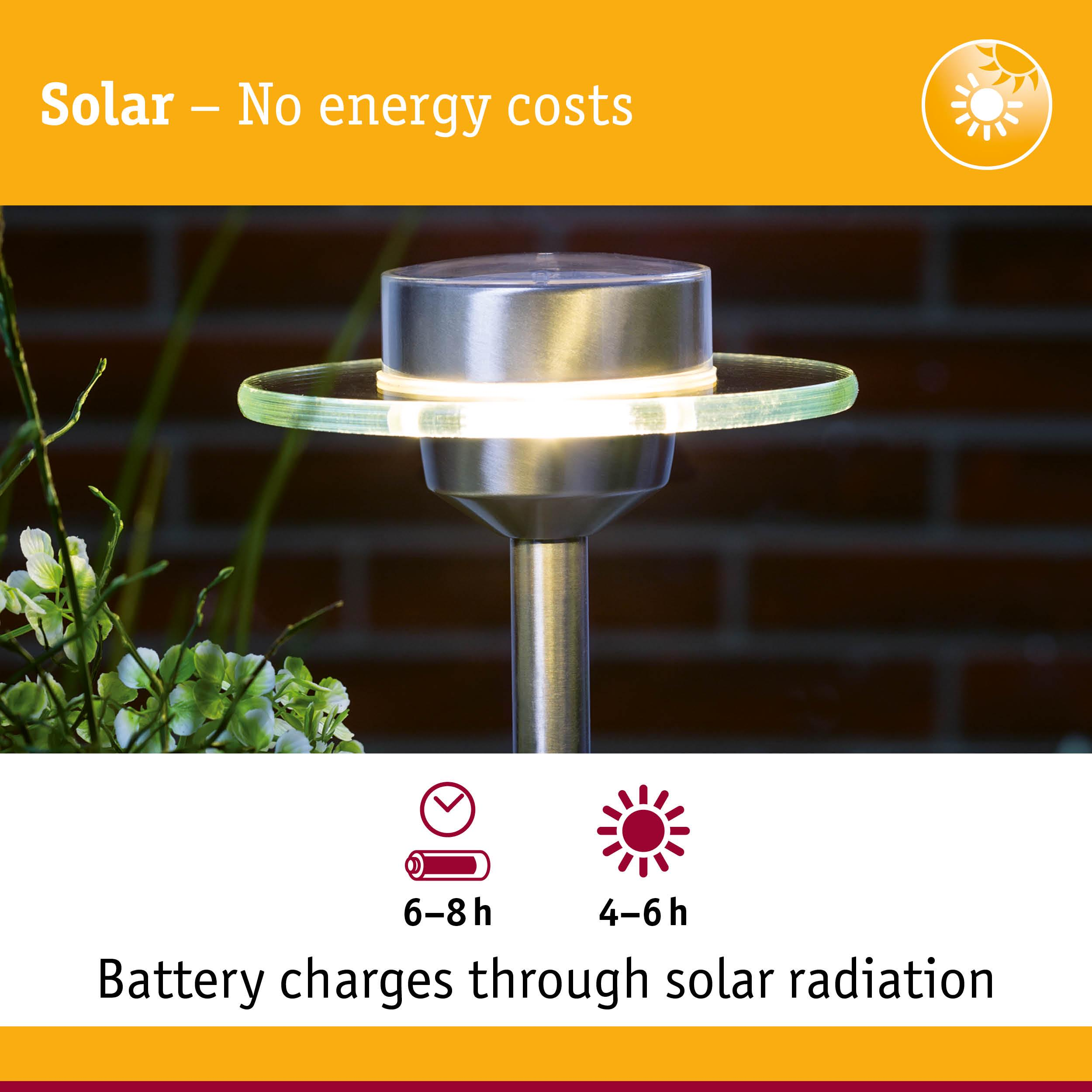 Solarleuchte mit Edelstahl und Glas, lädt durch Sonnenlicht.