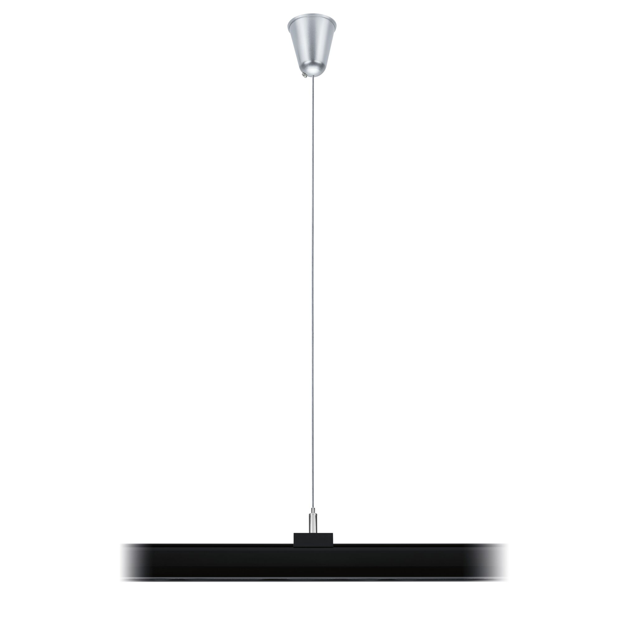 Ein schmaler, schwarzer Pendelleuchter mit silbernem Baldachin und Kabel.