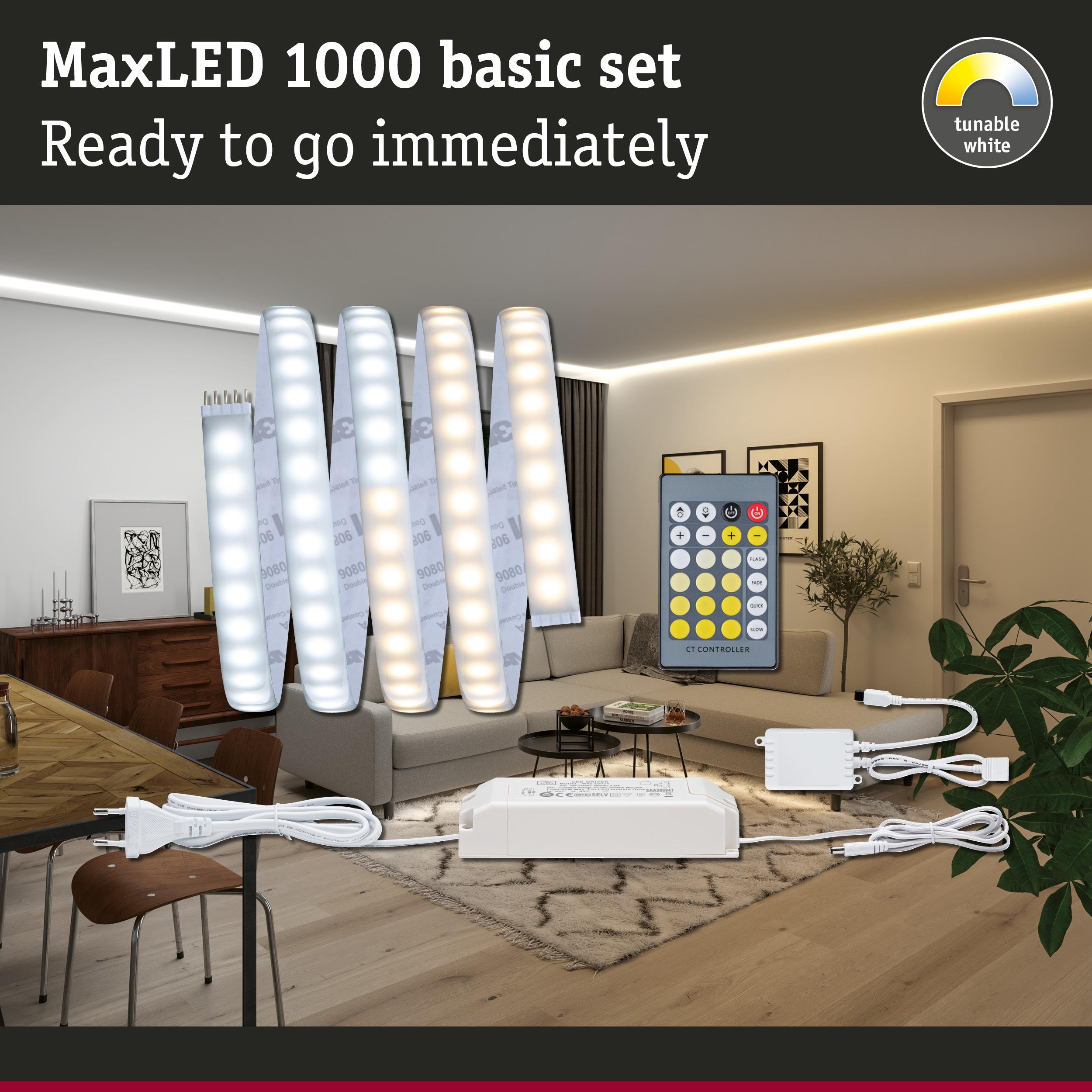 LED-Streifen, Fernbedienung, Netzteil und Kabel auf einem Holzboden.