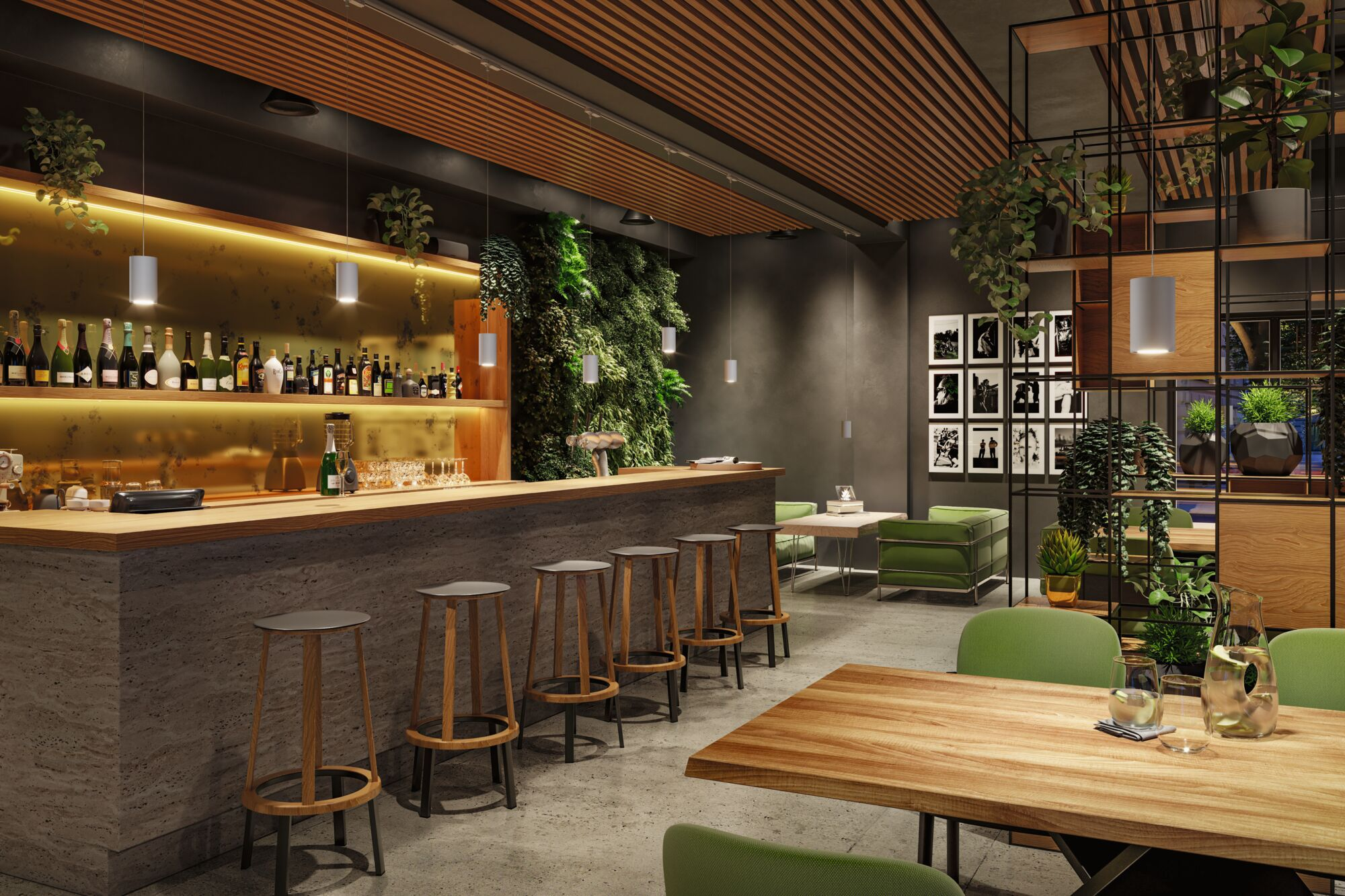 Eine Bar mit Holzböden, grünen Stühlen und einer grünen Wand.