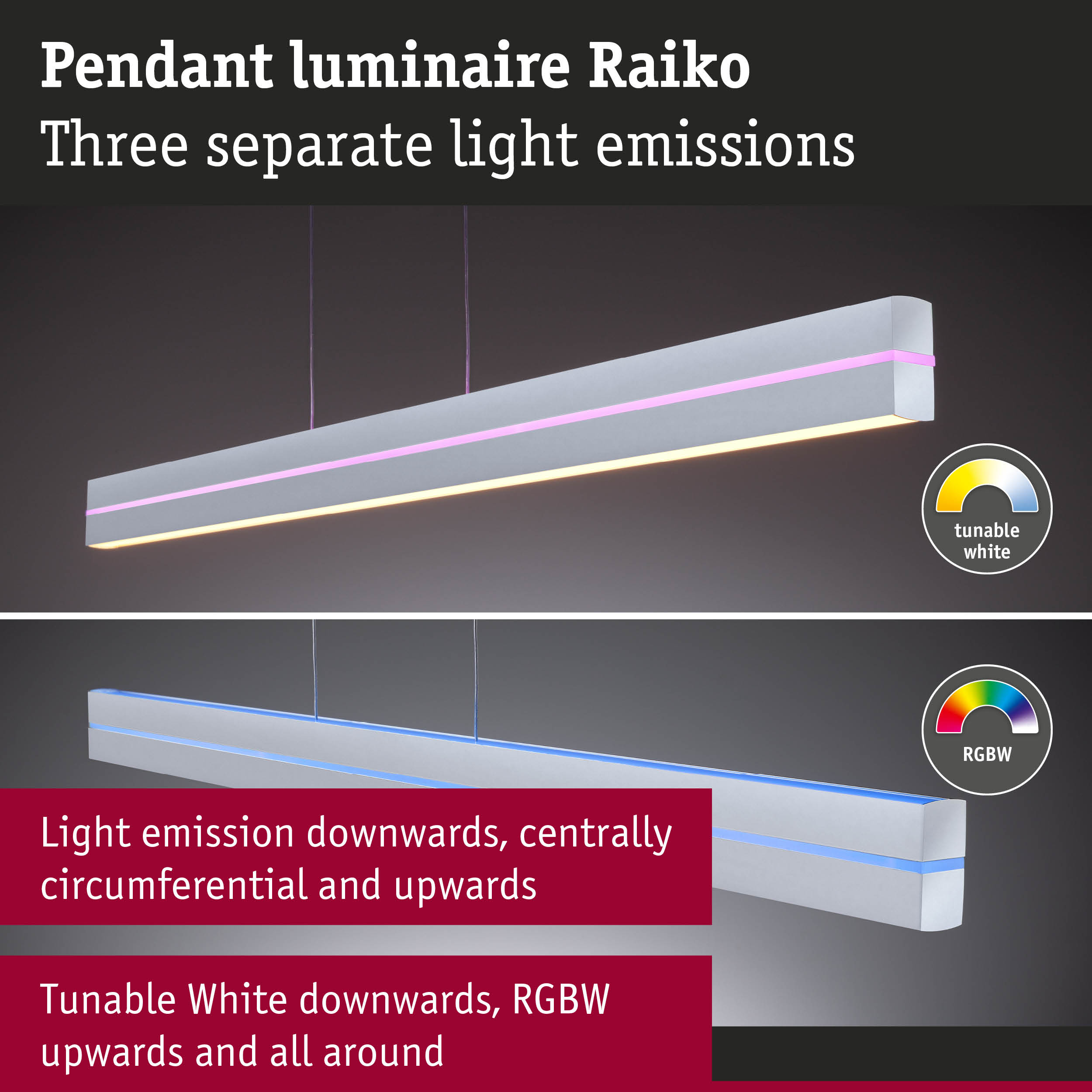 Lampa wisząca Raiko: różowo-żółte światło u góry, niebieskie u dołu. Regulowana biel i RGBW.