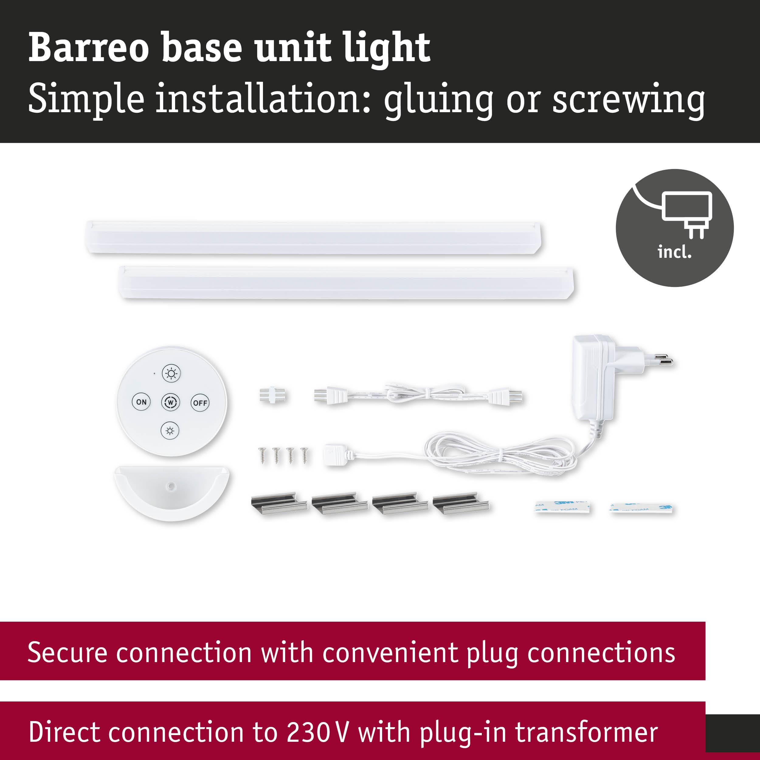 Barreo-Basiseinheit-Licht mit Zubehör: Lichter, Fernbedienung, Netzteil, Schrauben.