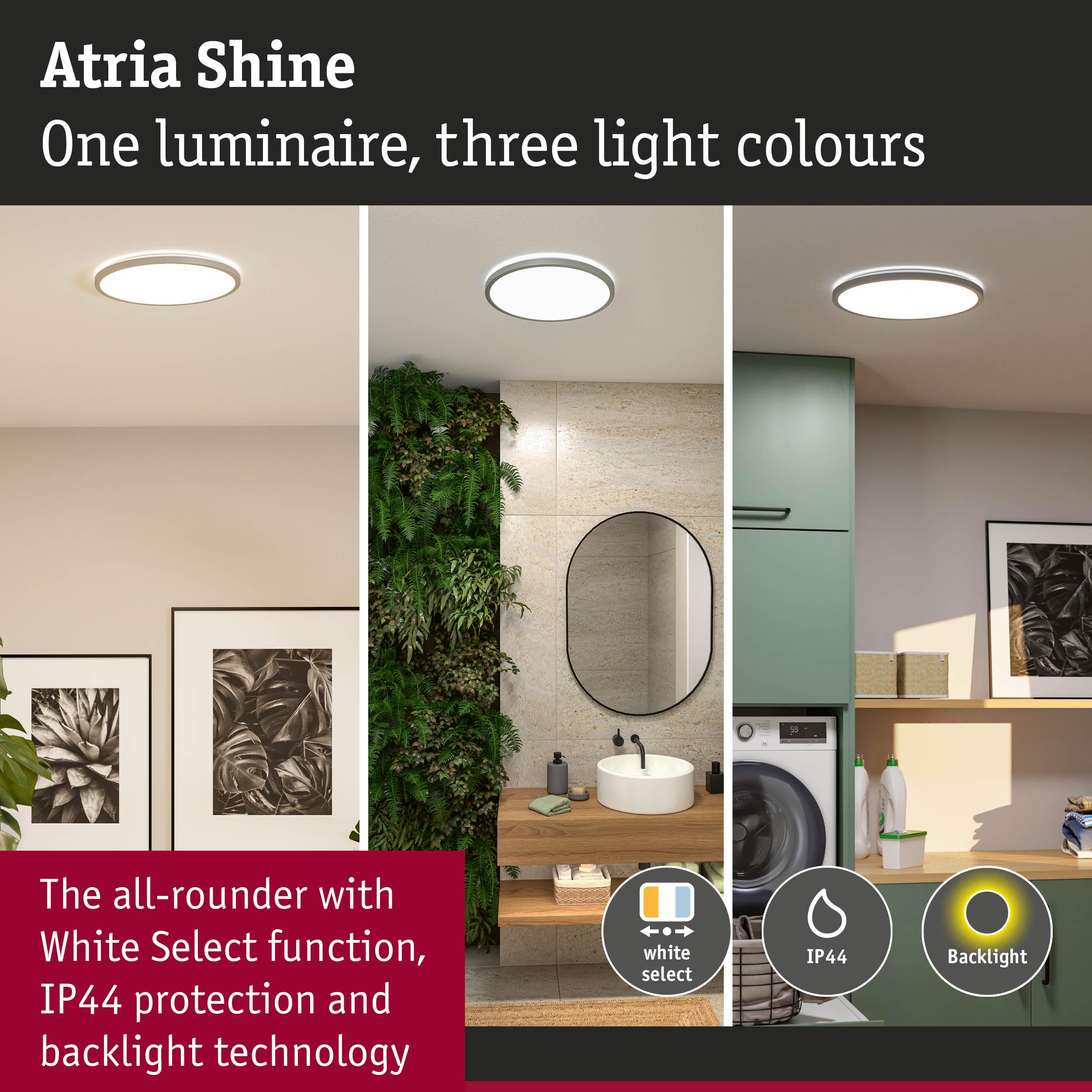 Lampa Atria Shine w trzech aranżacjach: salon, łazienka, pralnia.