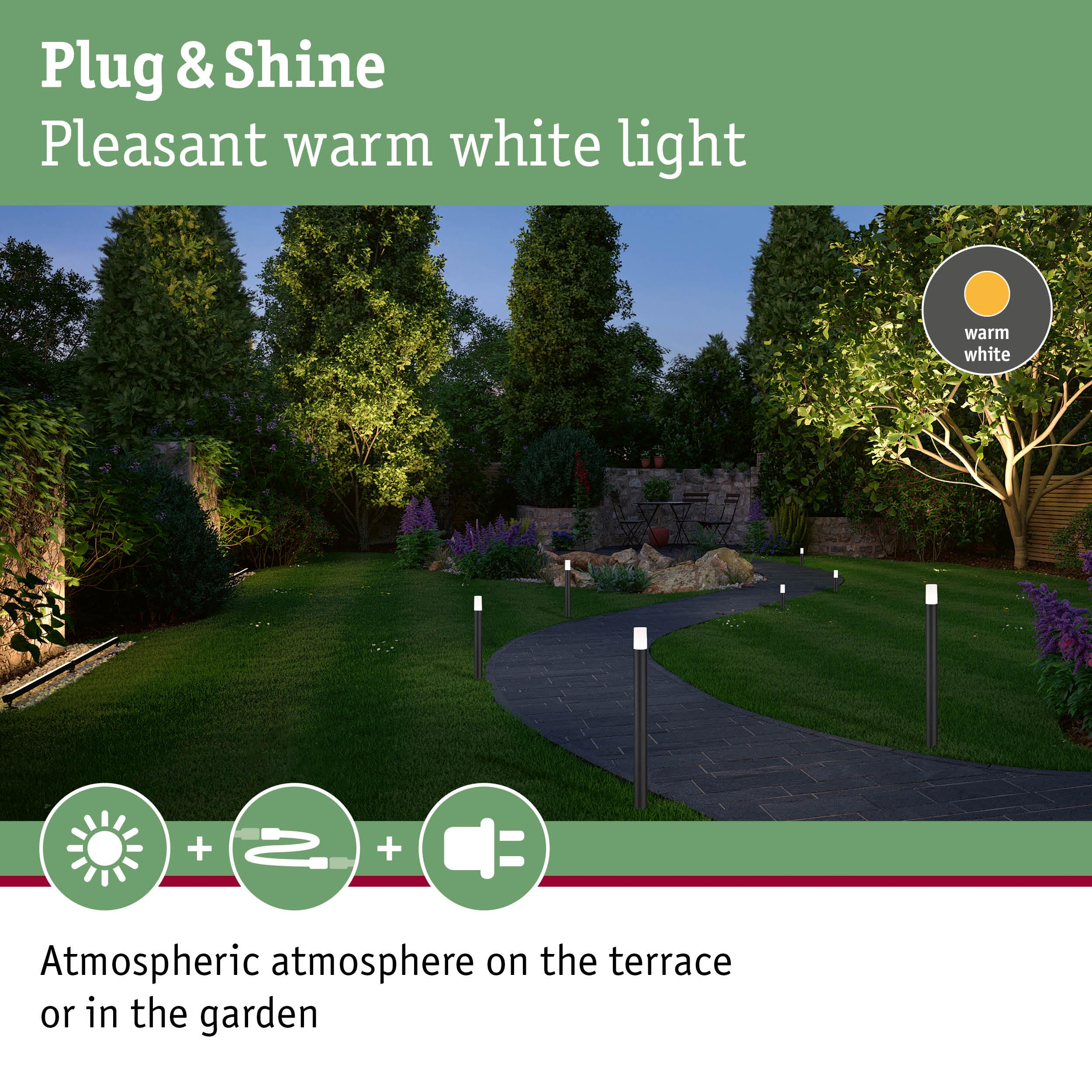 Ścieżka w ogrodzie z nowoczesnymi latarniami i ciepłym białym światłem.