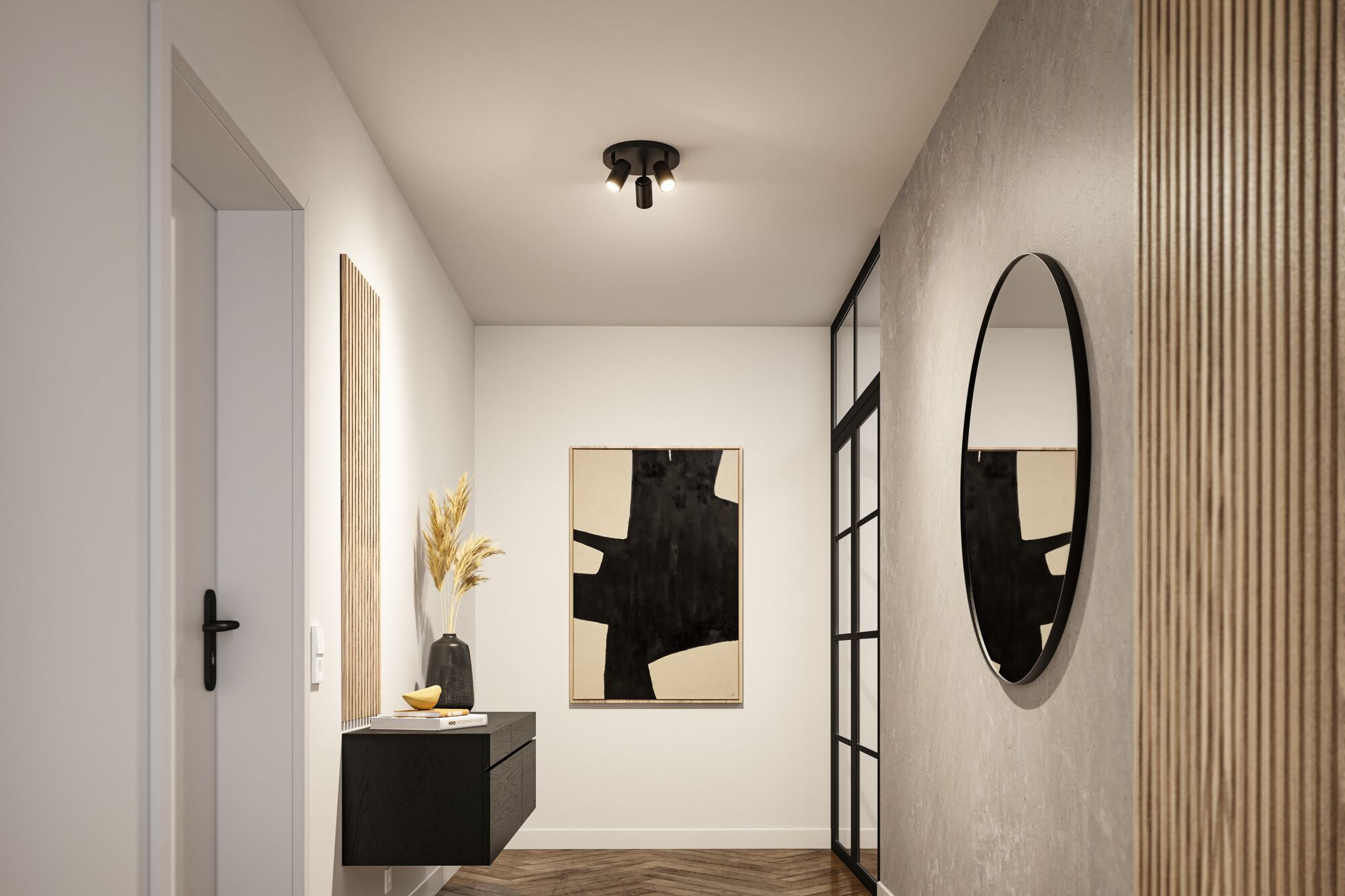 Nowoczesny hol ze sztuką abstrakcyjną, wiszącą konsolą, wazonem i owalnym lustrem.