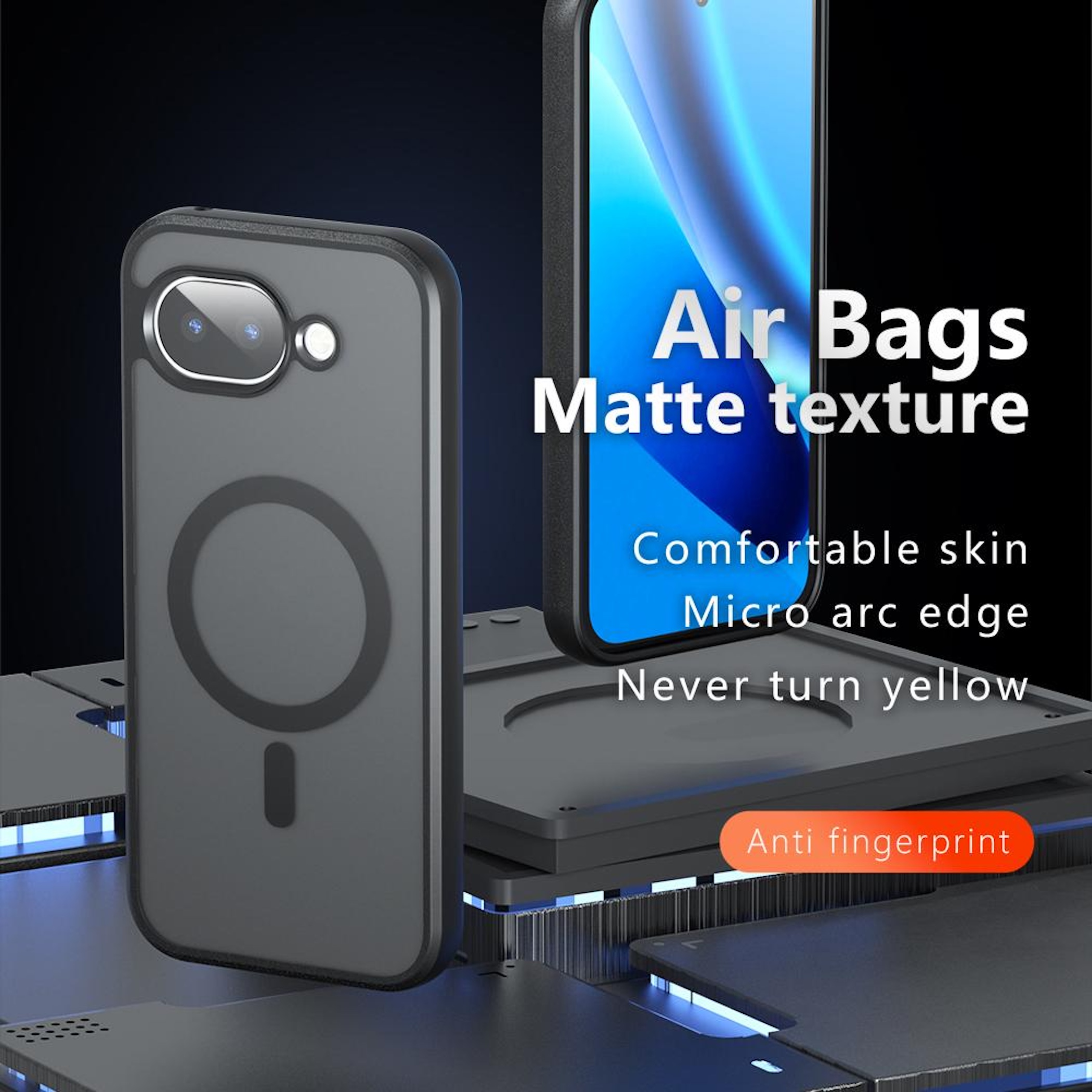 Schwarzes Handyhülle mit Magnetring, matte Textur, "Air Bags".