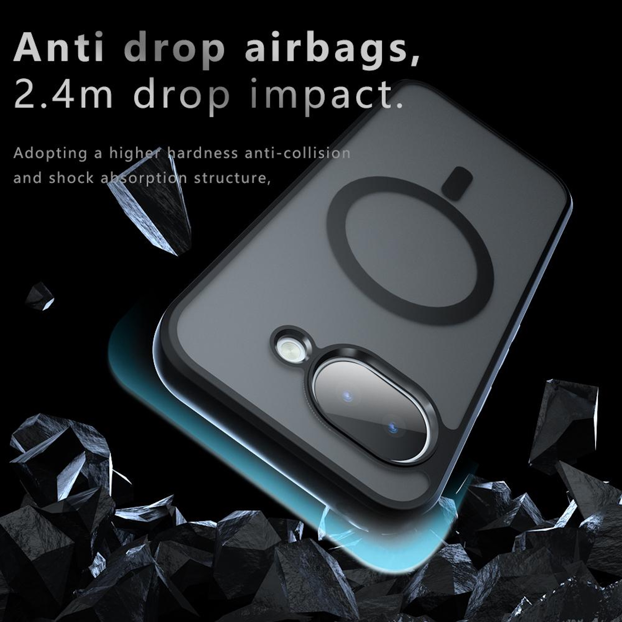 Graues Handyhülle mit Airbag-Design umgeben von schwarzen Brocken.
