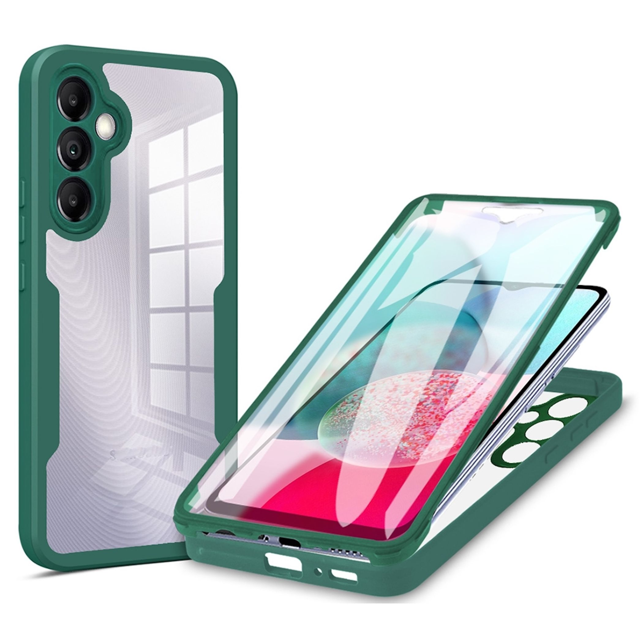 Grüne Handyhülle mit transparentem Rückenteil und Kameraschutz. Daneben ein Handy mit Hülle.