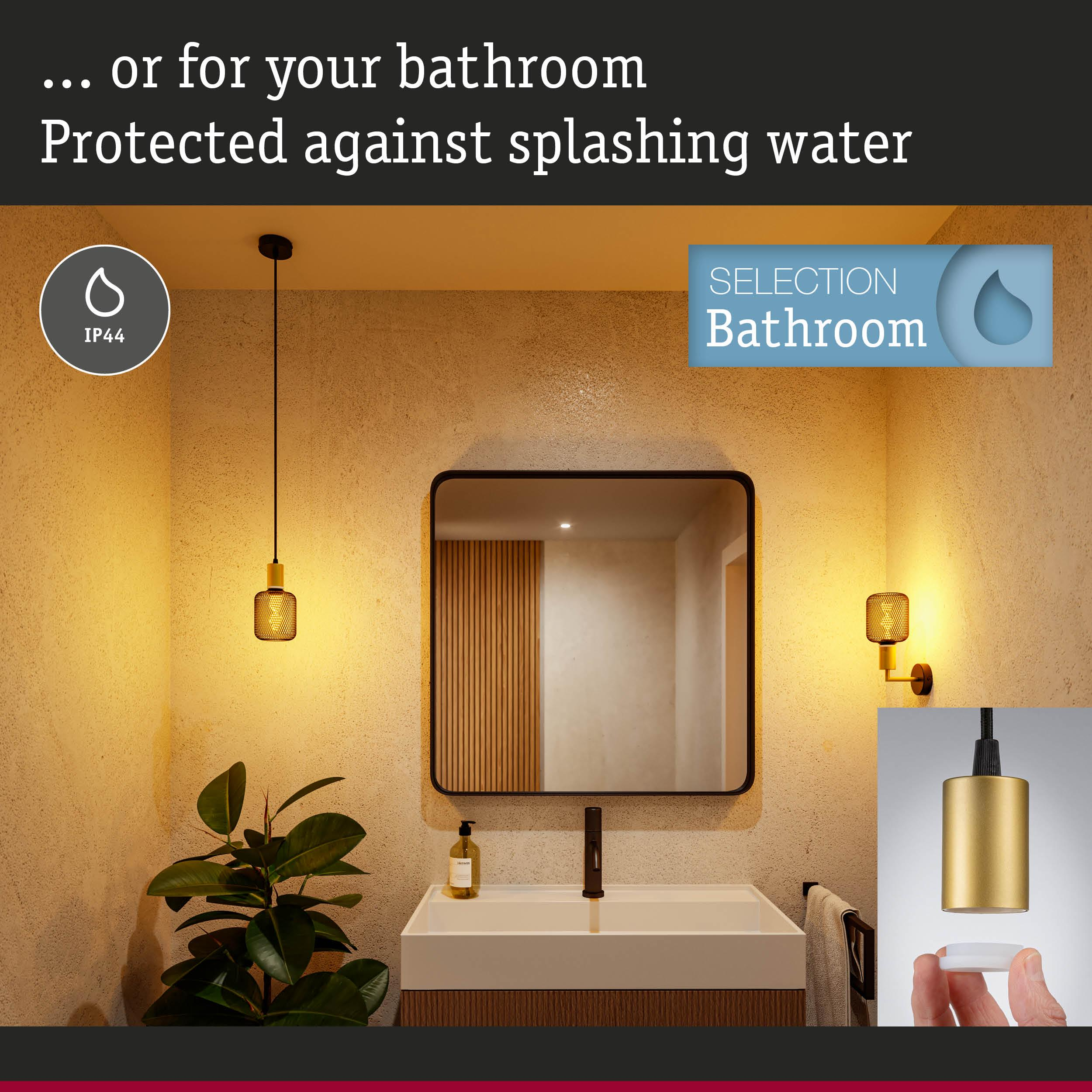 Łazienka z nowoczesnym oświetleniem, umywalką i lustrem. Ochrona IP44.