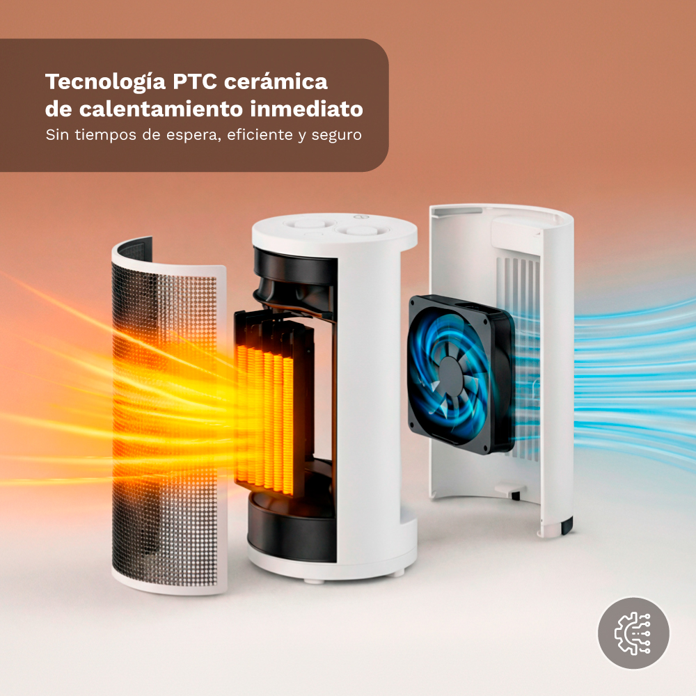 Un calentador cerámico PTC con ventilador interno, mostrando salida de calor y flujo de aire.