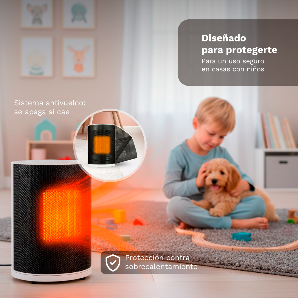 Un calefactor con elemento calefactor naranja. Un niño sostiene un perro sobre una alfombra.