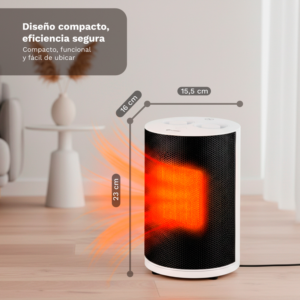Un calefactor blanco con brillo naranja, mide 16x23x15,5 cm.