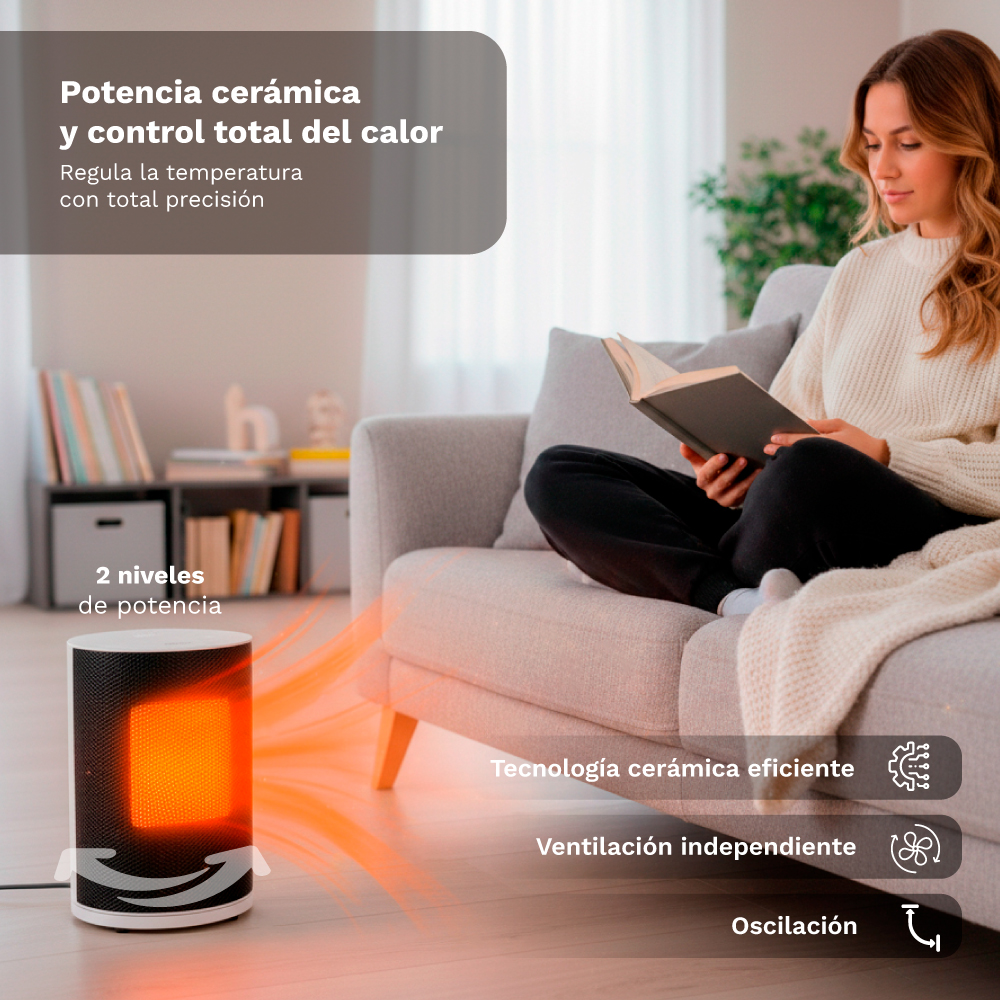 Un pequeño calefactor emite calor naranja mientras una mujer lee en un sofá.