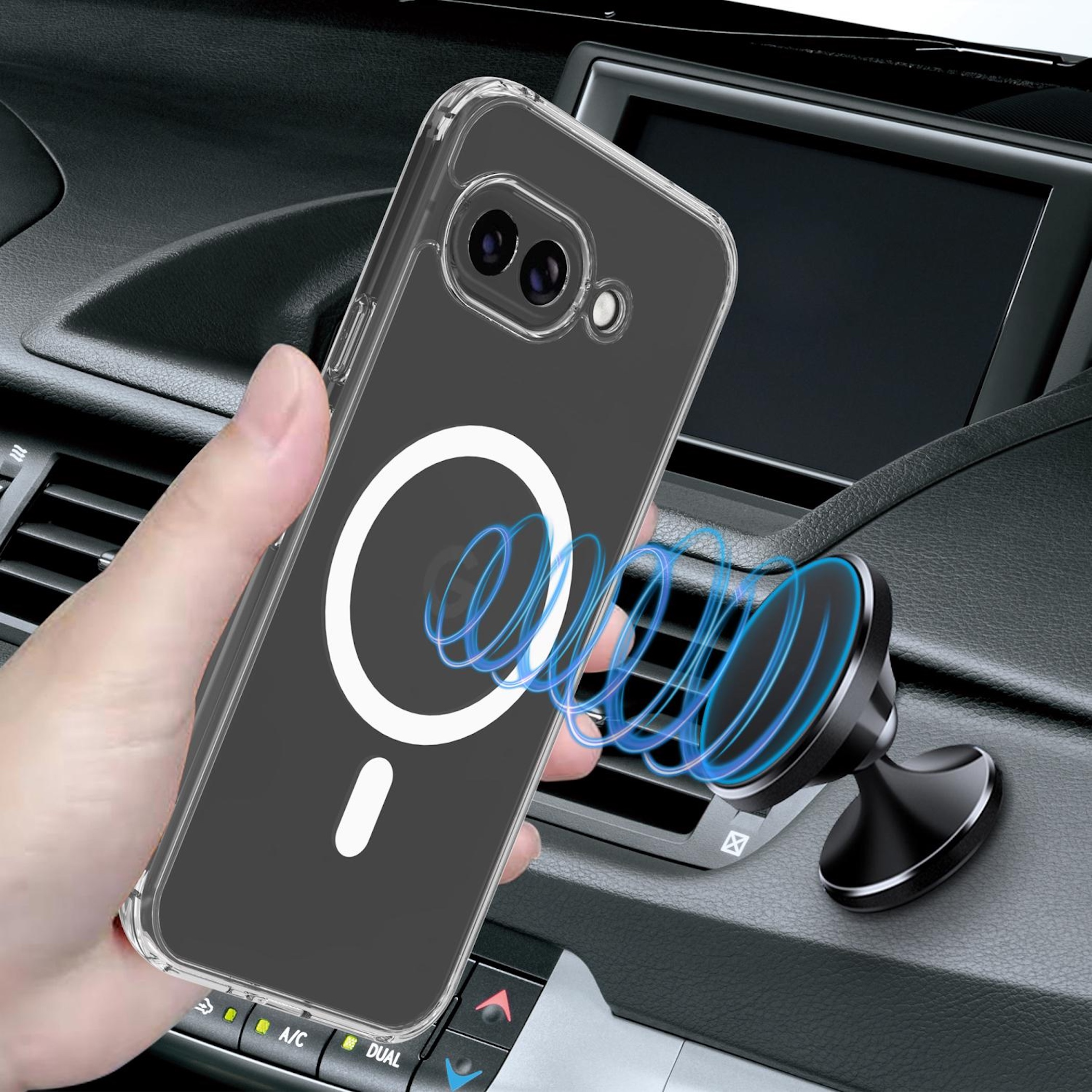 Hand hält ein transparentes Handy über einem schwarzen Autoinnenraum mit Magnethalter.