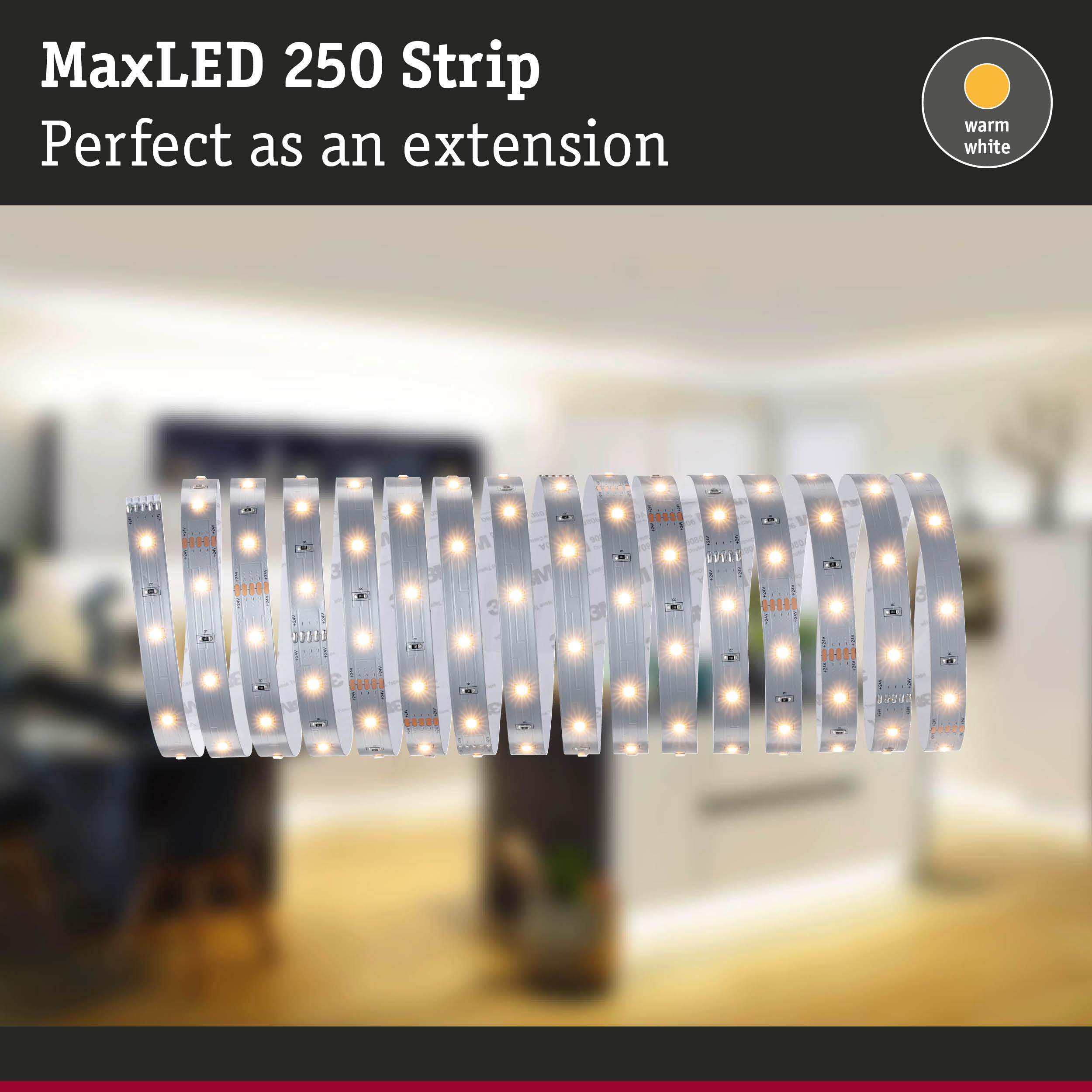 Eine lange LED-Streifenleiste mit warmweißer Beleuchtung.