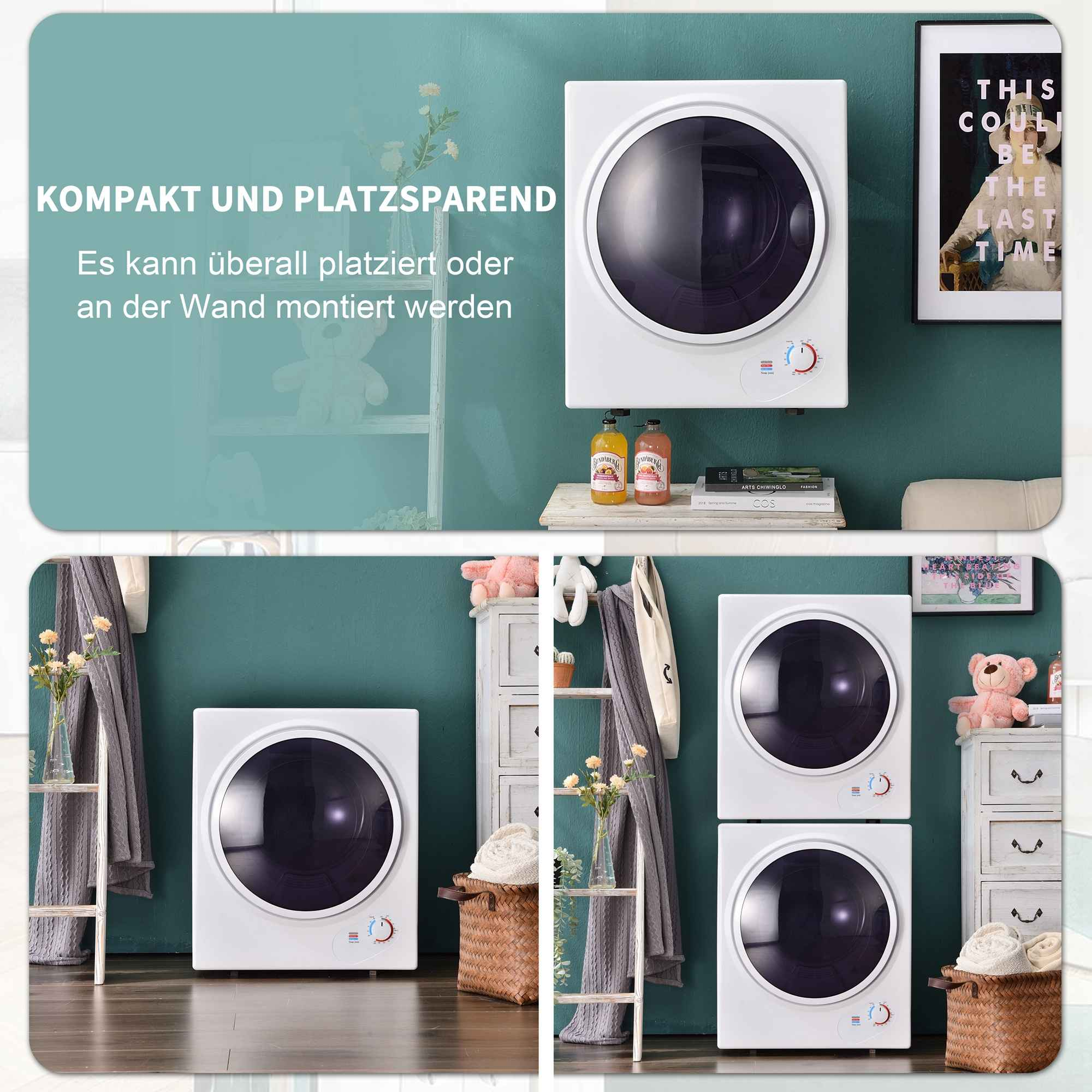 Weiße Trockner, einer hängt, zwei stehen übereinander, mit Deko.