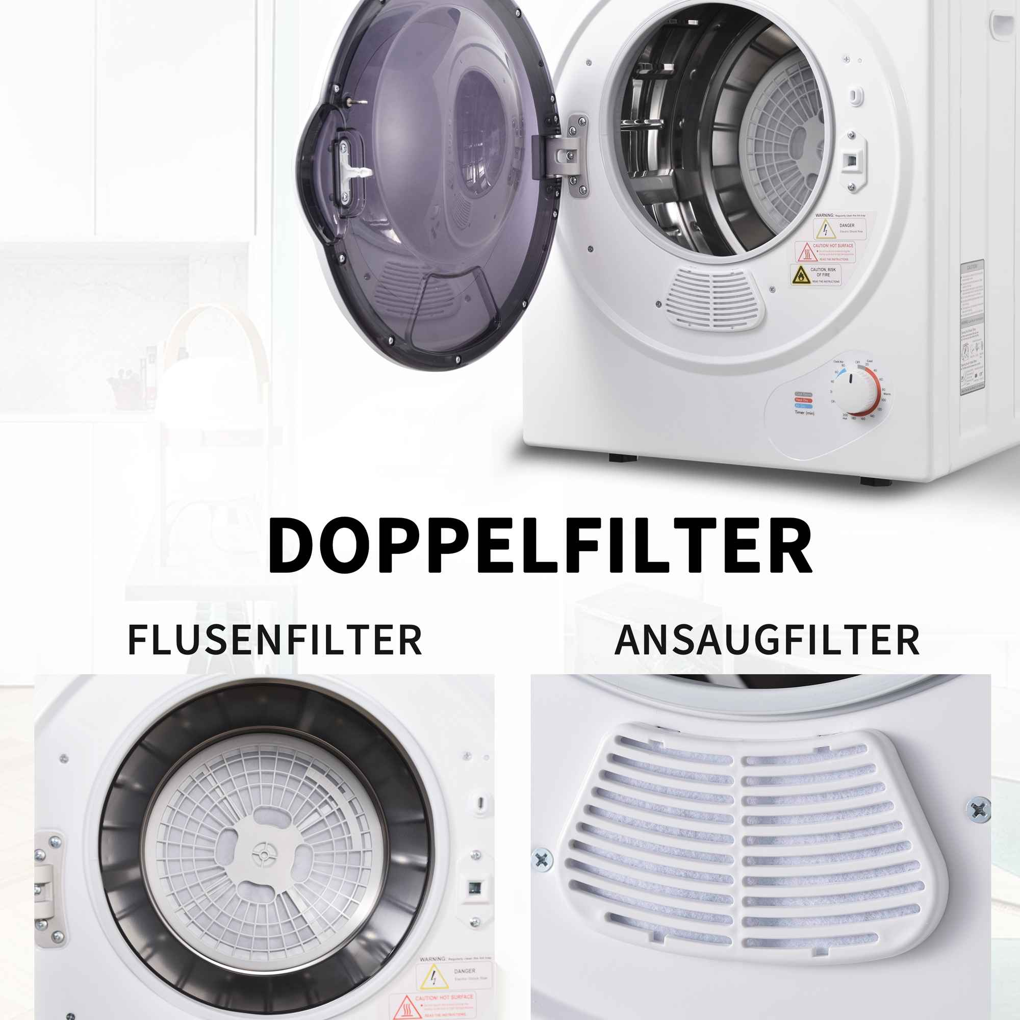 Ein weißer Trockner mit offener Tür zeigt Innenteile und Filter.