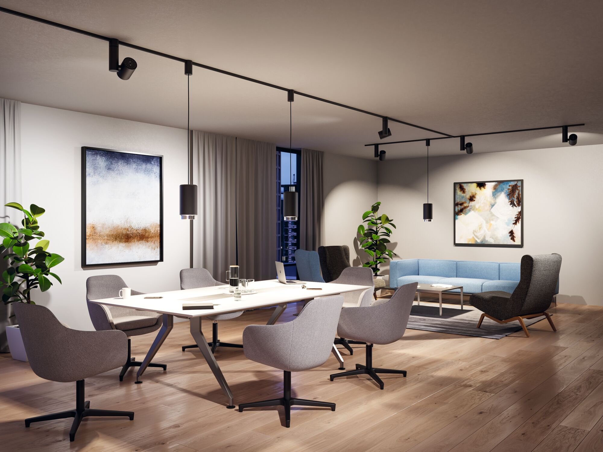Moderne Konferenzraum mit Esstisch, Stühlen, Sofas und Kunst.