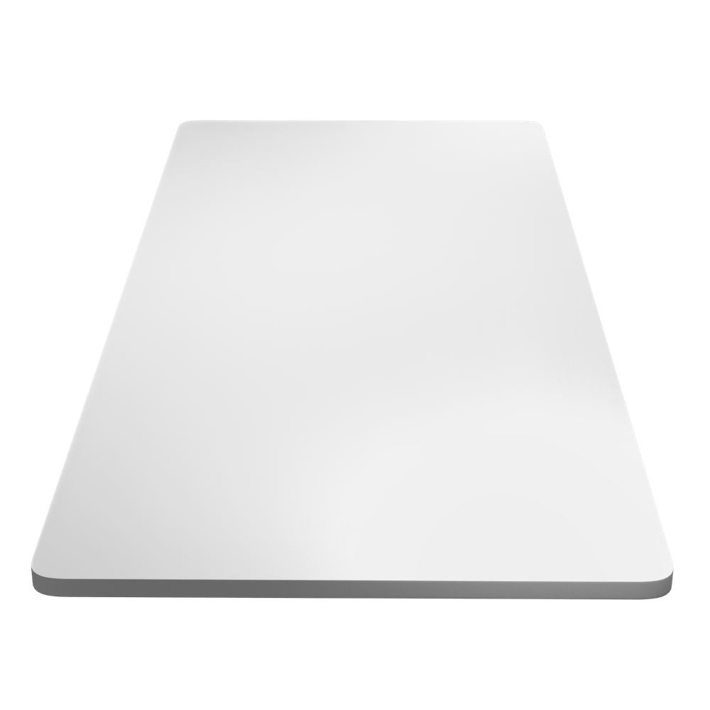 Una mesa blanca rectangular con esquinas redondeadas sobre fondo negro.