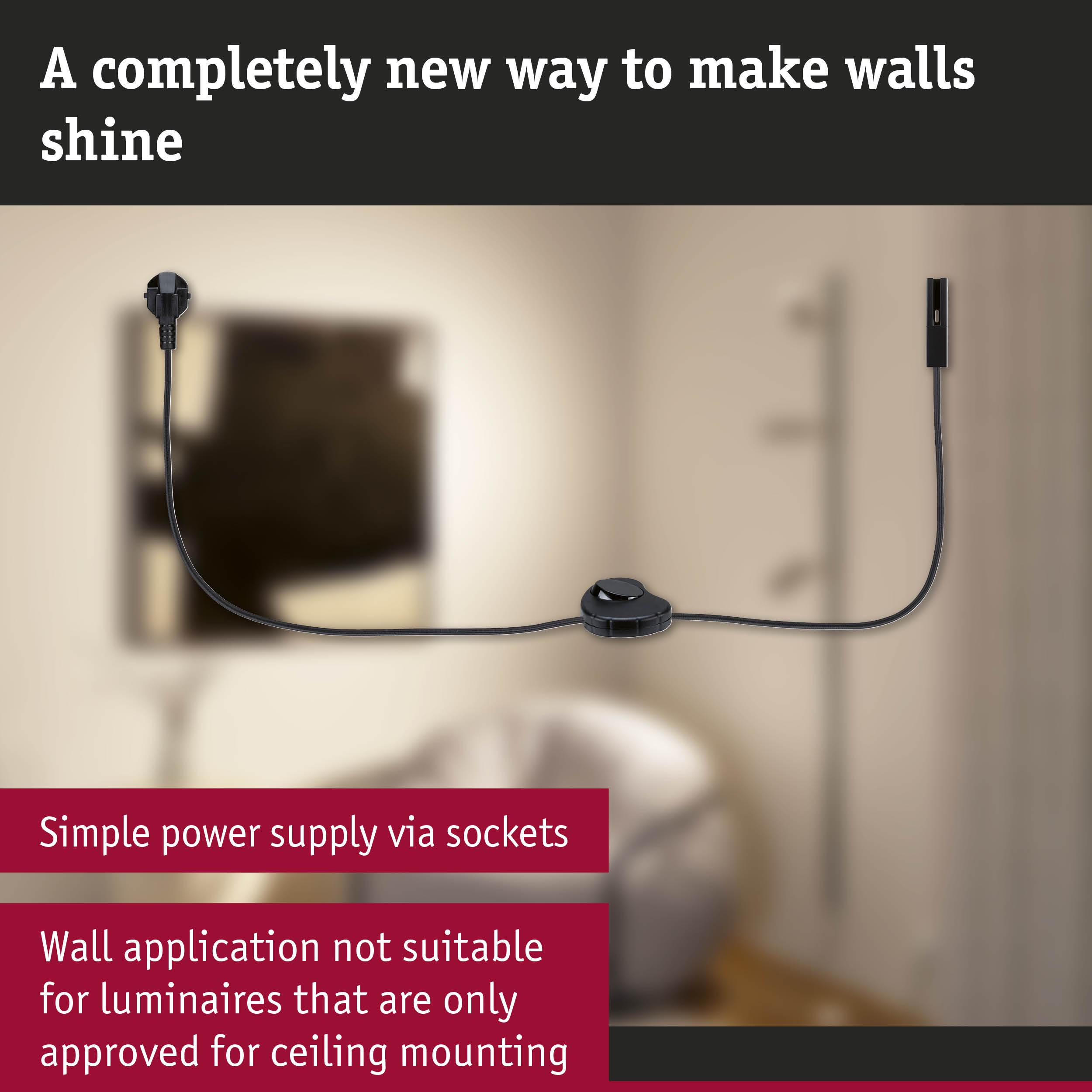 Schwarzes Stromkabel mit Stecker und Schalter für Wandmontage.