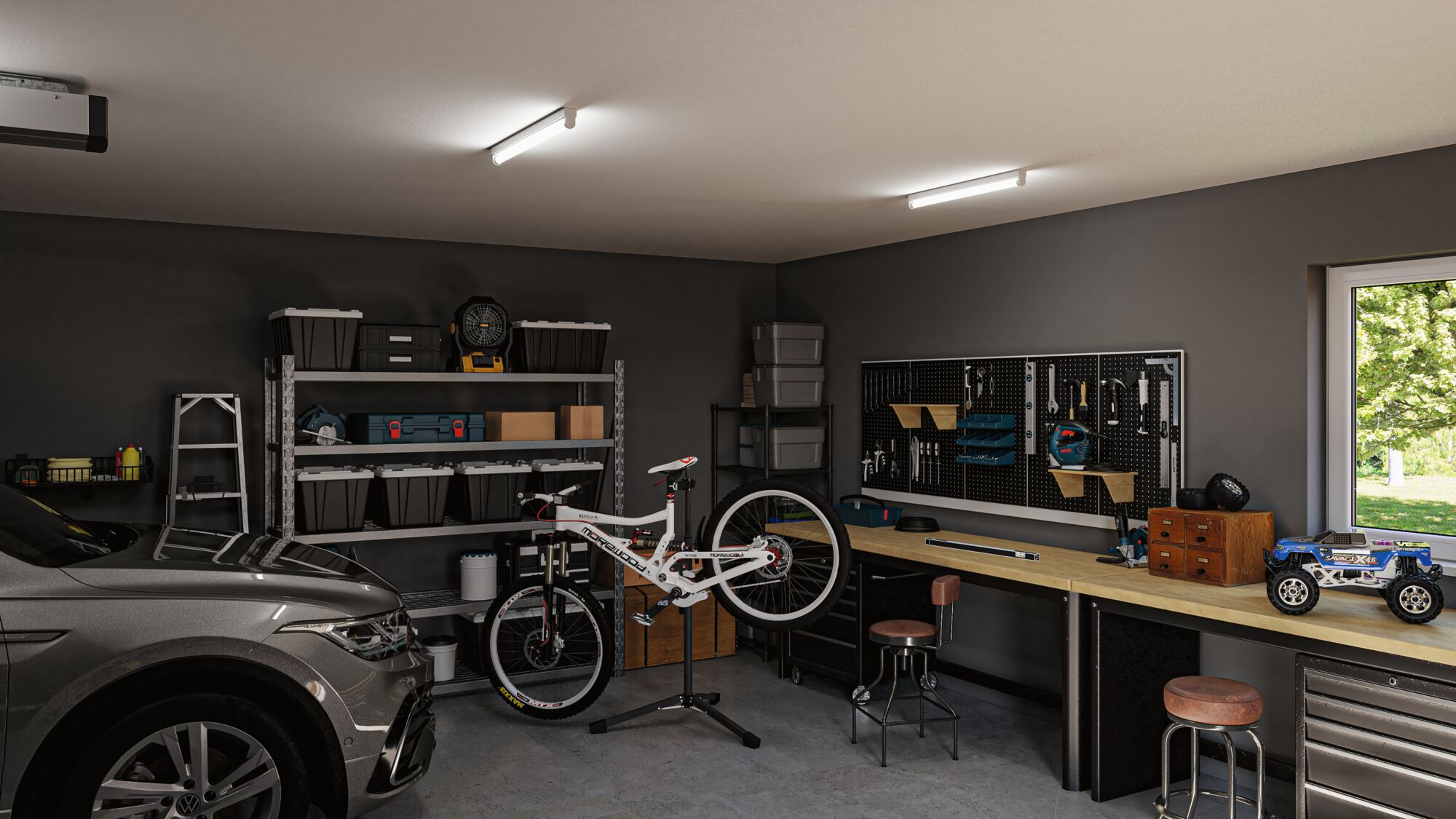 Eine Garage mit einem Auto, Fahrrad, Werkzeugen und einem RC-Auto.