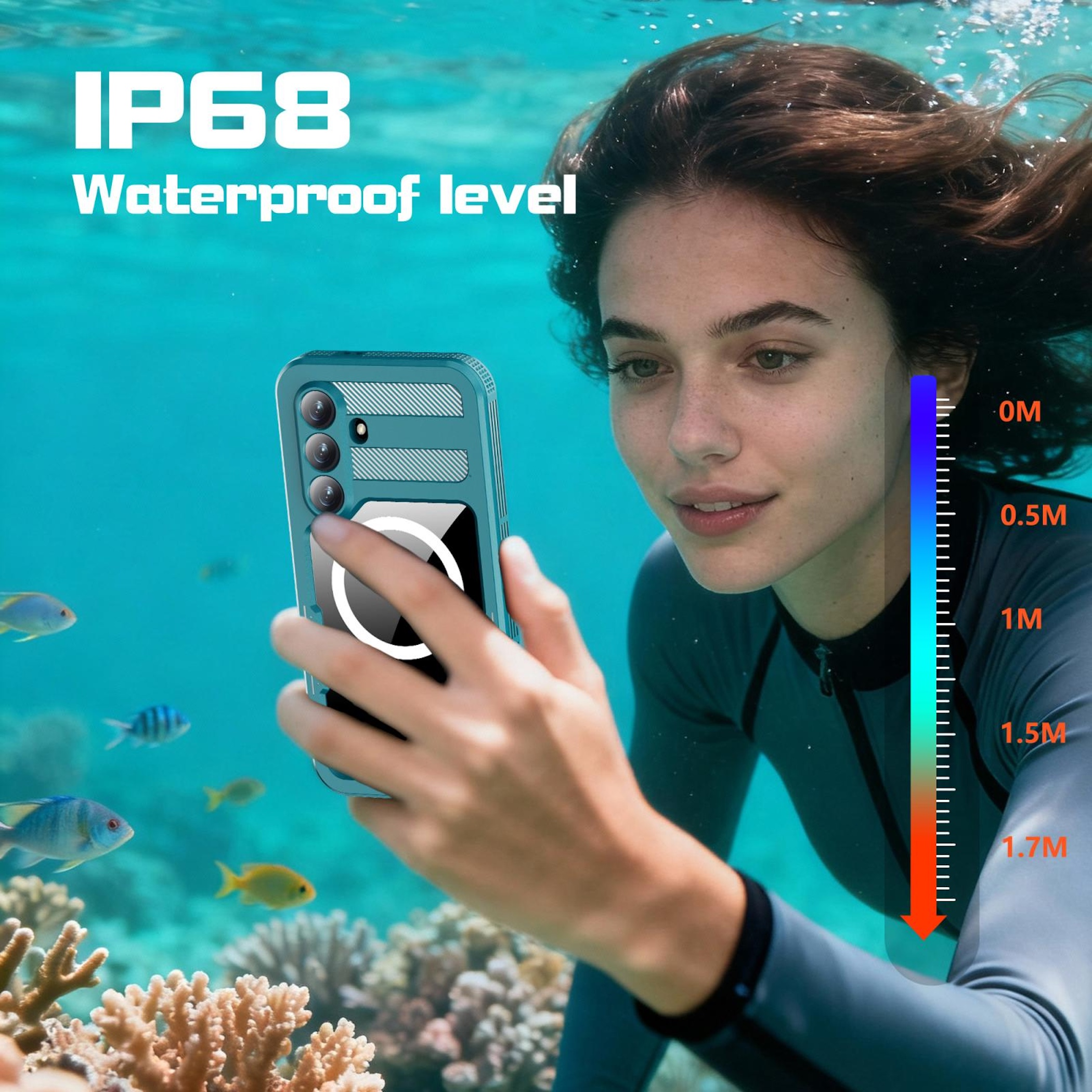 Frau mit Handy in wasserdichter Hülle unter Wasser mit Fischen und Korallen.