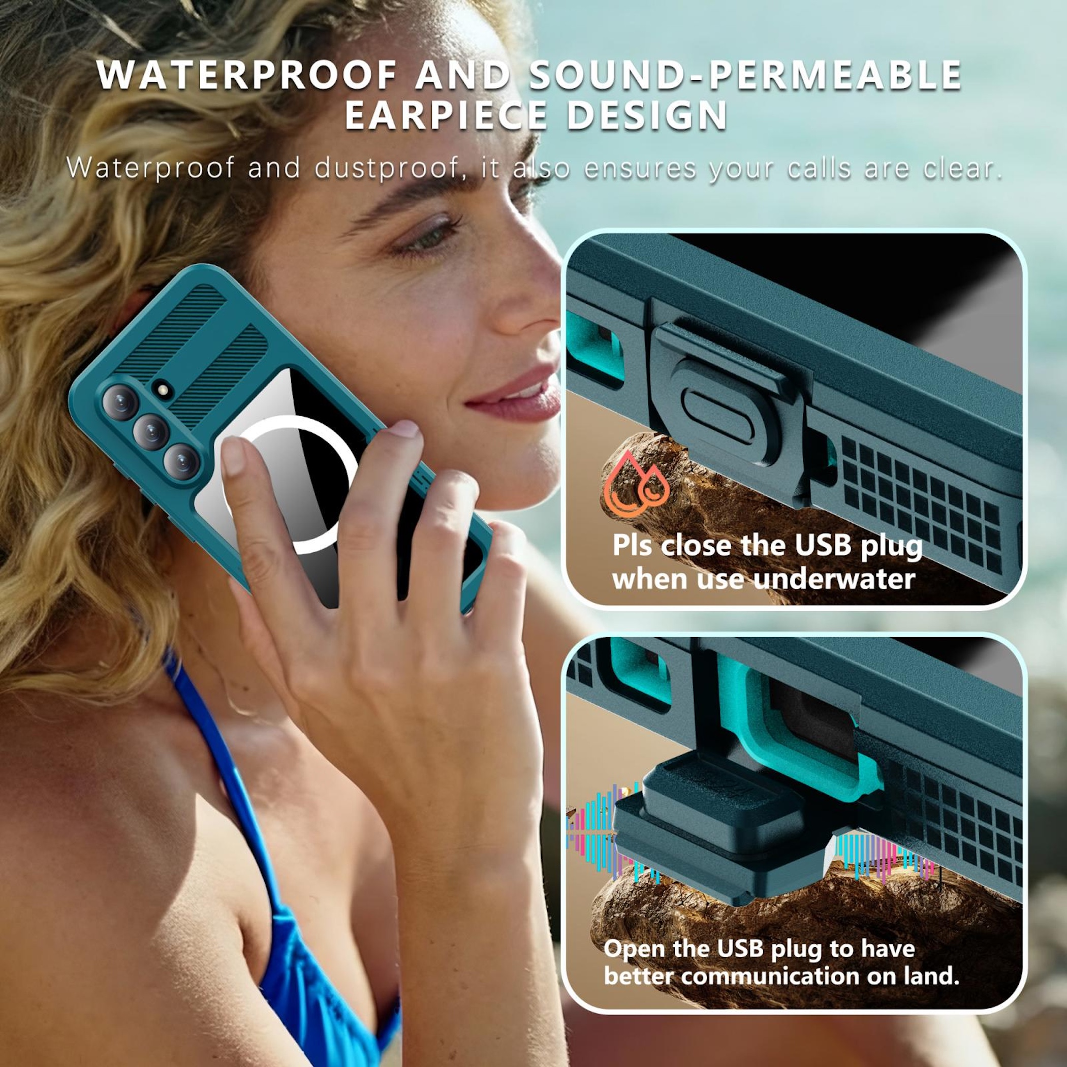 Eine Frau telefoniert mit einem wasserdichten Handyhülle.