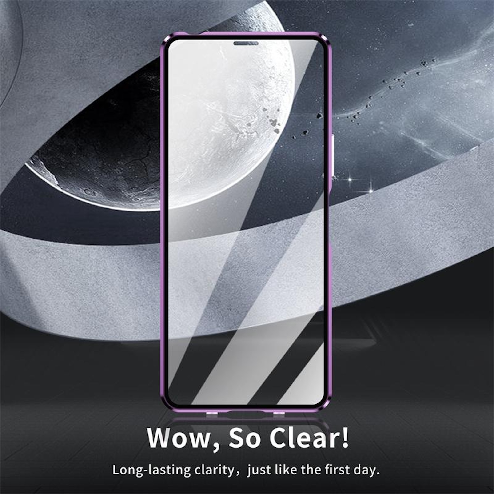 Ein violettes Smartphone mit einem klaren Bildschirm vor einem Weltraumhintergrund.