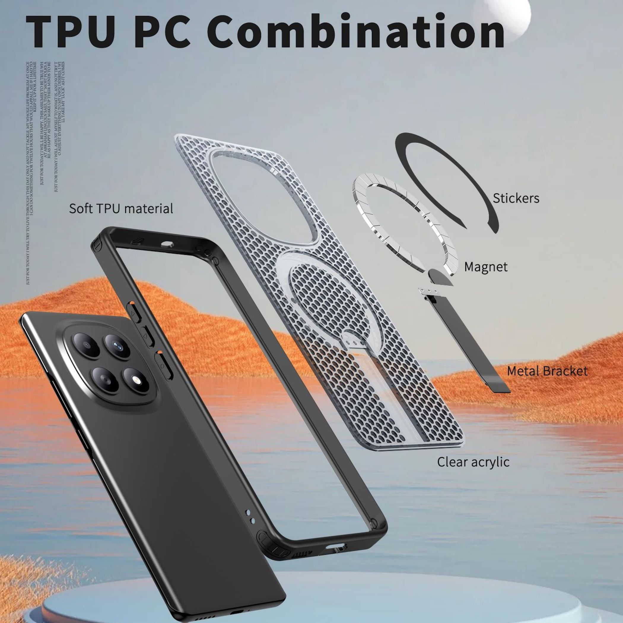 Schwarzes Handy mit abnehmbaren Schutzhüllenkomponenten: TPU, Acryl, Magnet.