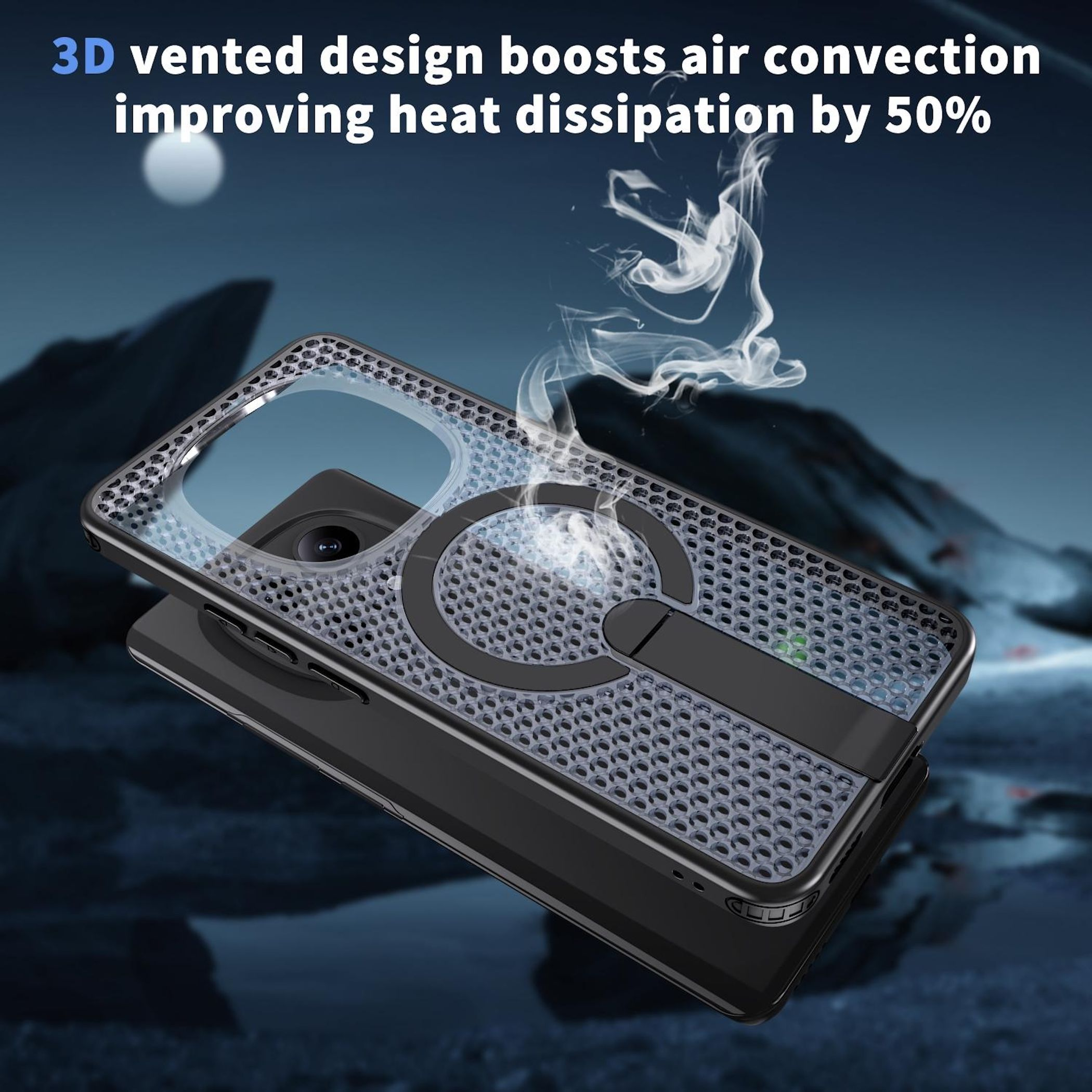 Eine schwarze Handyhülle mit 3D-Belüftungsdesign, Rauch steigt auf.
