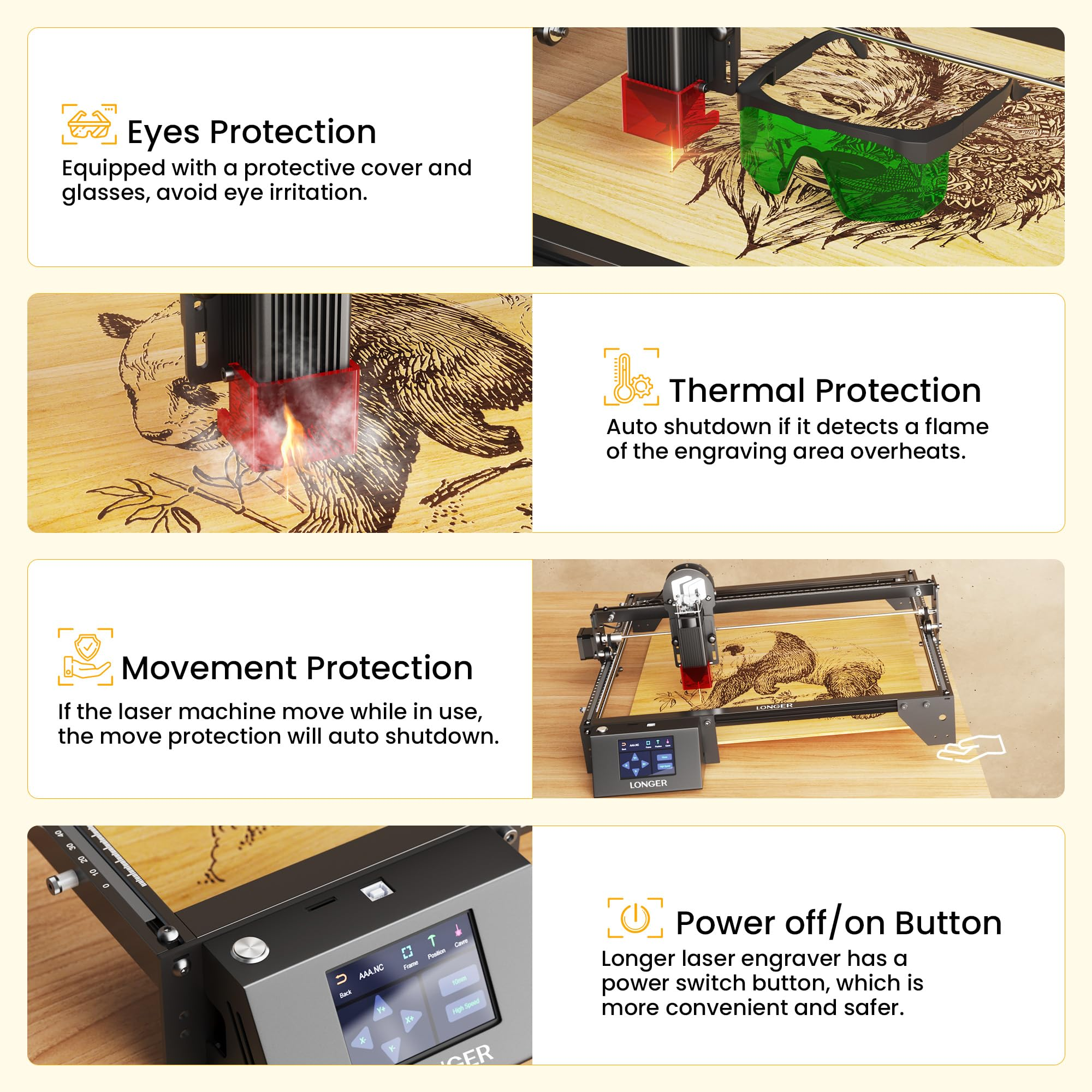 Laser-Gravierer mit Schutzfunktionen: Augen-, Thermo-, Bewegungs- und Netzschalter.